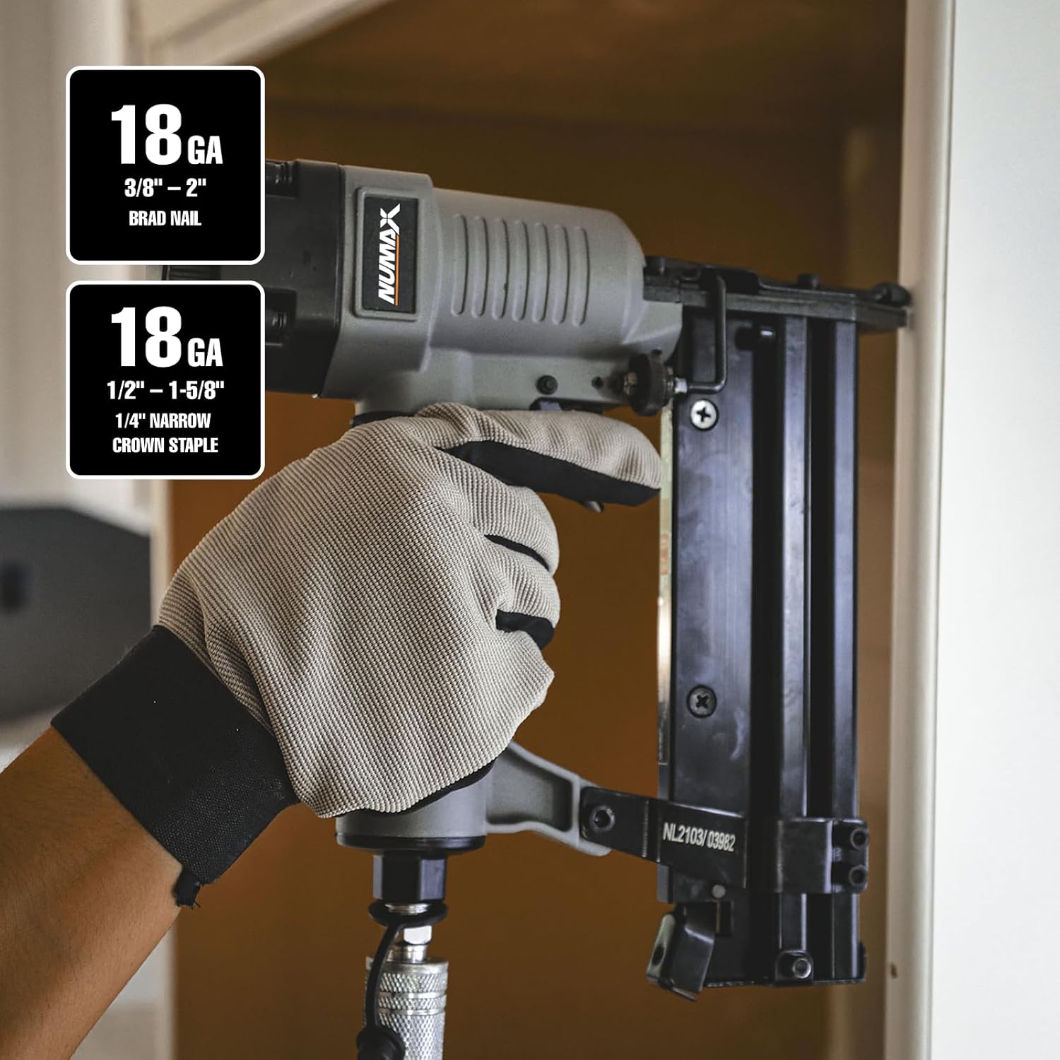 NuMax 2-in-1 18-Gauge Pneumatic Brad Nailer and Narrow Crown Stapler, Lightweight Finish Tool for Trim, Baseboards, Cabinet Backing, and DIY Projects, S2-118G2