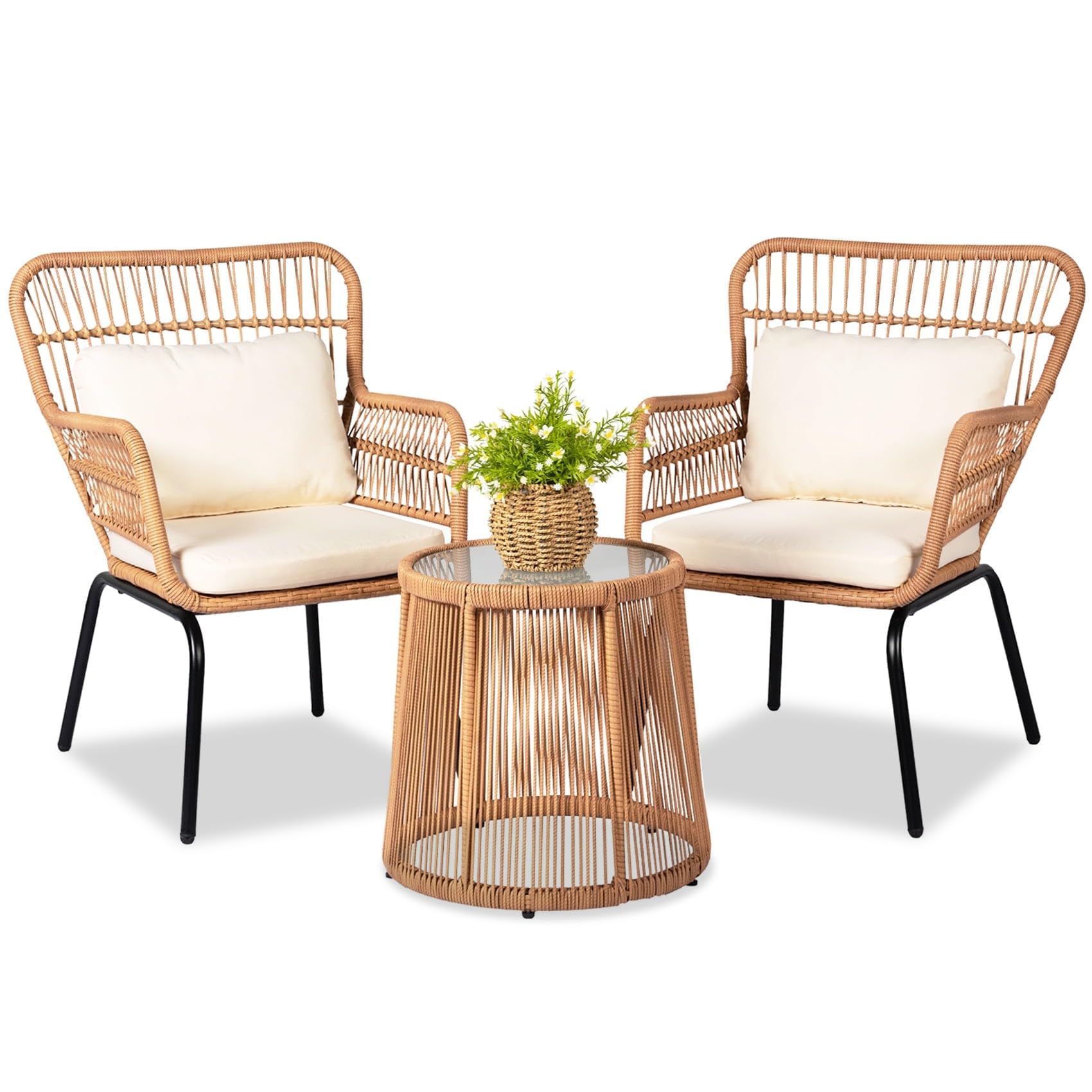 HOMEZILLIONS 3-piece outdoor wicker bistro set in yellow beige with round glass table
