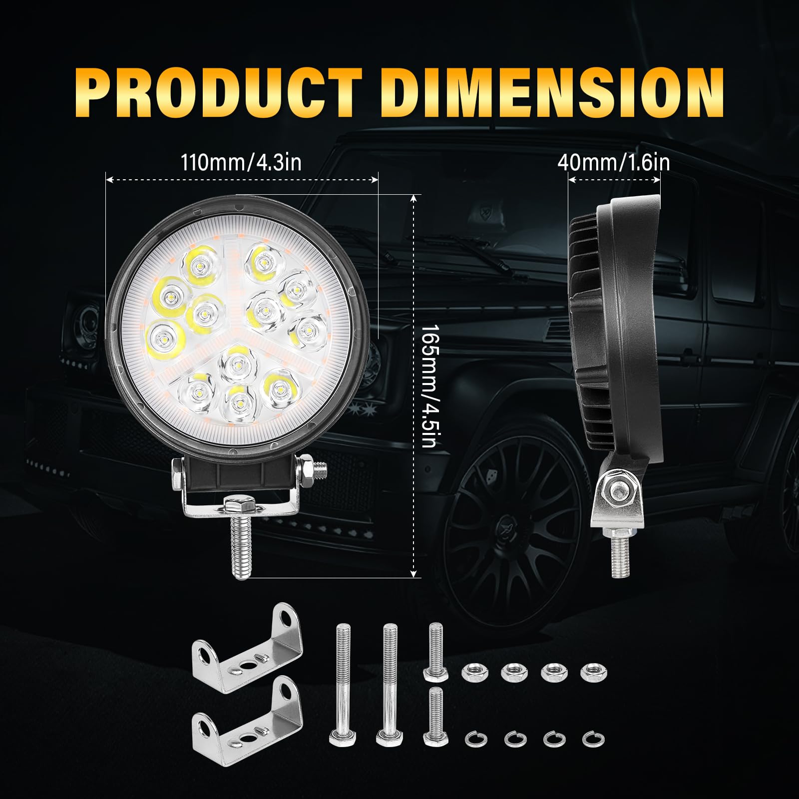 RIGIDON 2x 4 36W okrągły reflektor roboczy led z zestawem okablowania 12 V, dalekiego zasięgu led biała bursztynowa lampa, projektor światła robocze do offroad samochodów ciężarowych 4x4 motocykl