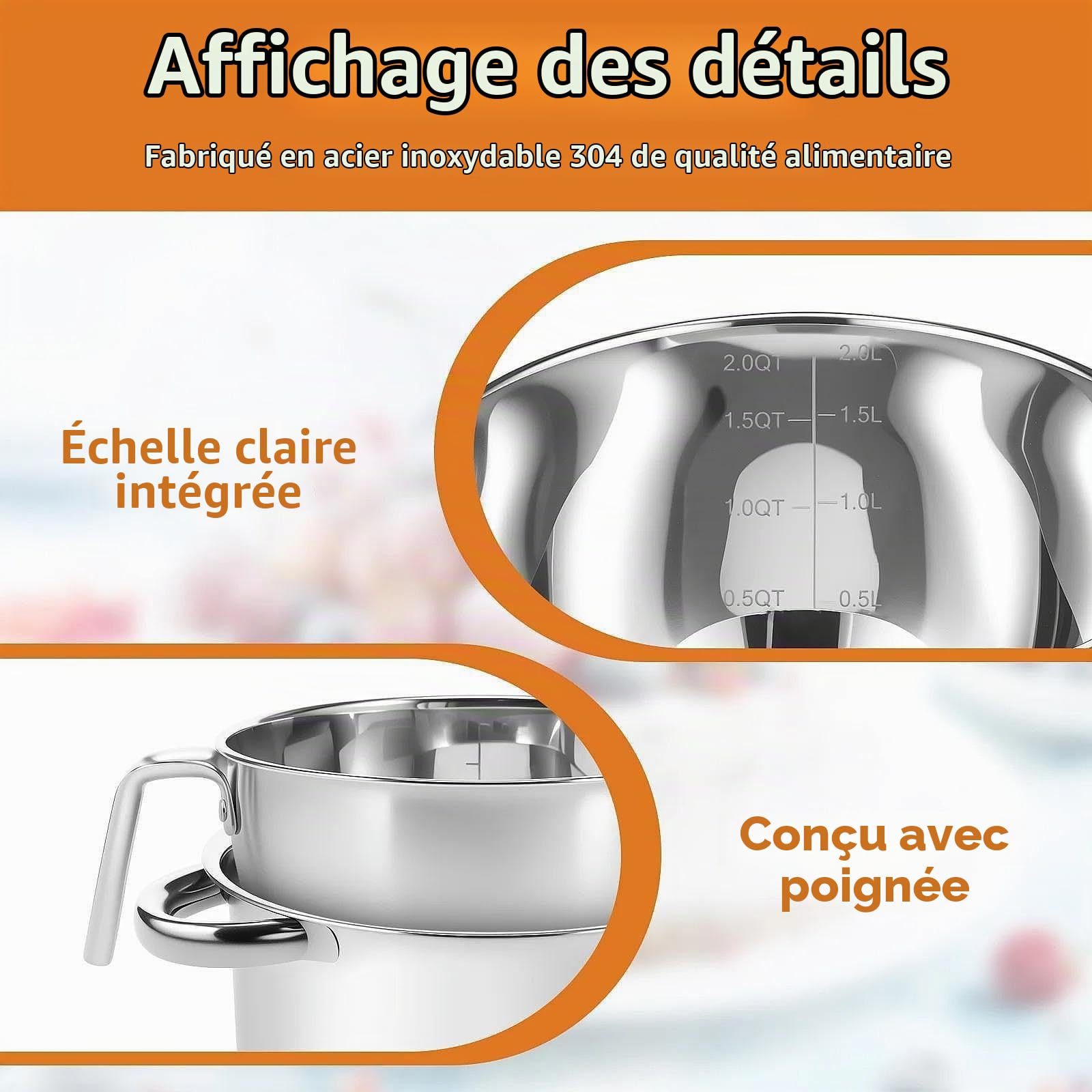 Ensemble de Casseroles pour Bain-Marie, Fondoir à Chocolat en INOX 304, Marmite Double 22cm avec Pot à Fonte 20cm, pour Pâtisserie, Confiserie et Création de Bougies Maison