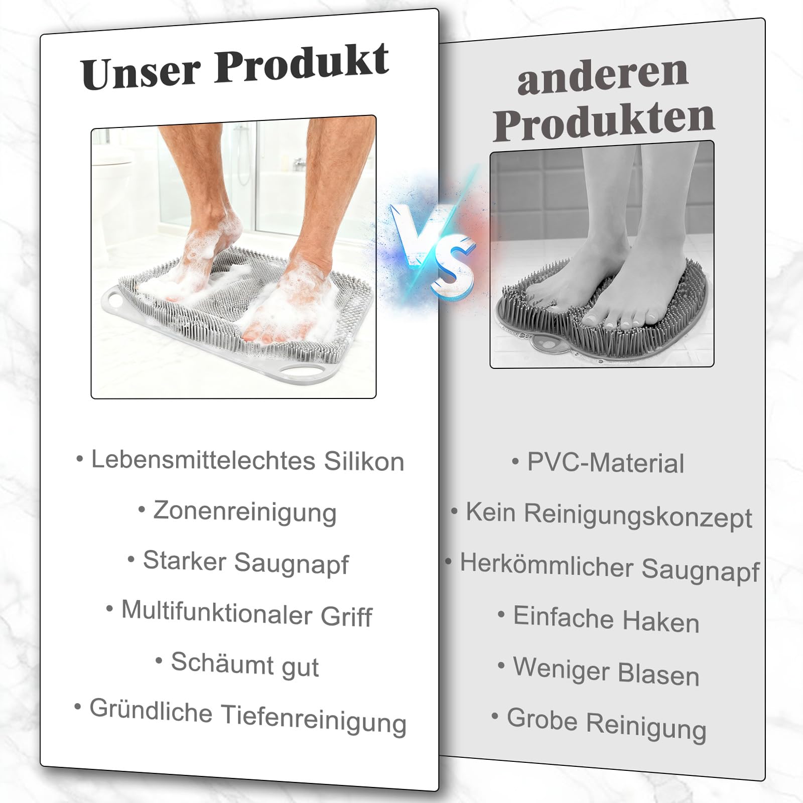 FREATECH Silikon Fußschrubber Matte, Fußbürste Dusche - mit Rutschfesten Saugnäpfen, Duschmatte für Allround Reinigung, Peeling und Massagefunktion, Fördert die Fußgesundheit, Grau, 44 x 33 cm