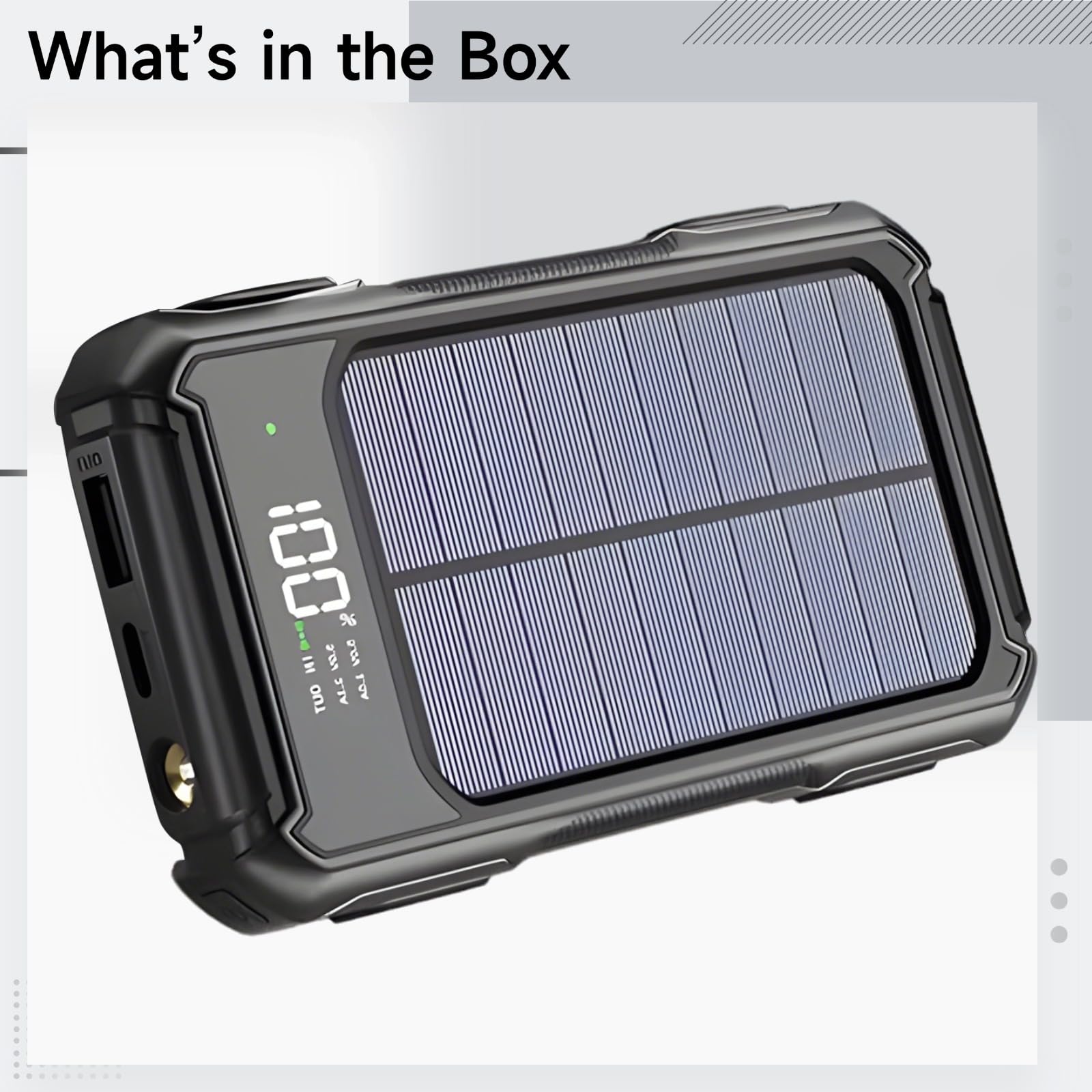 Banca di energia solare da 20000 mAh con cavi integrati, caricatore portatile con display a LED e torcia, batteria esterna a ricarica rapida per campeggio all'aperto, 14,9 x 7,3 x 2 cm