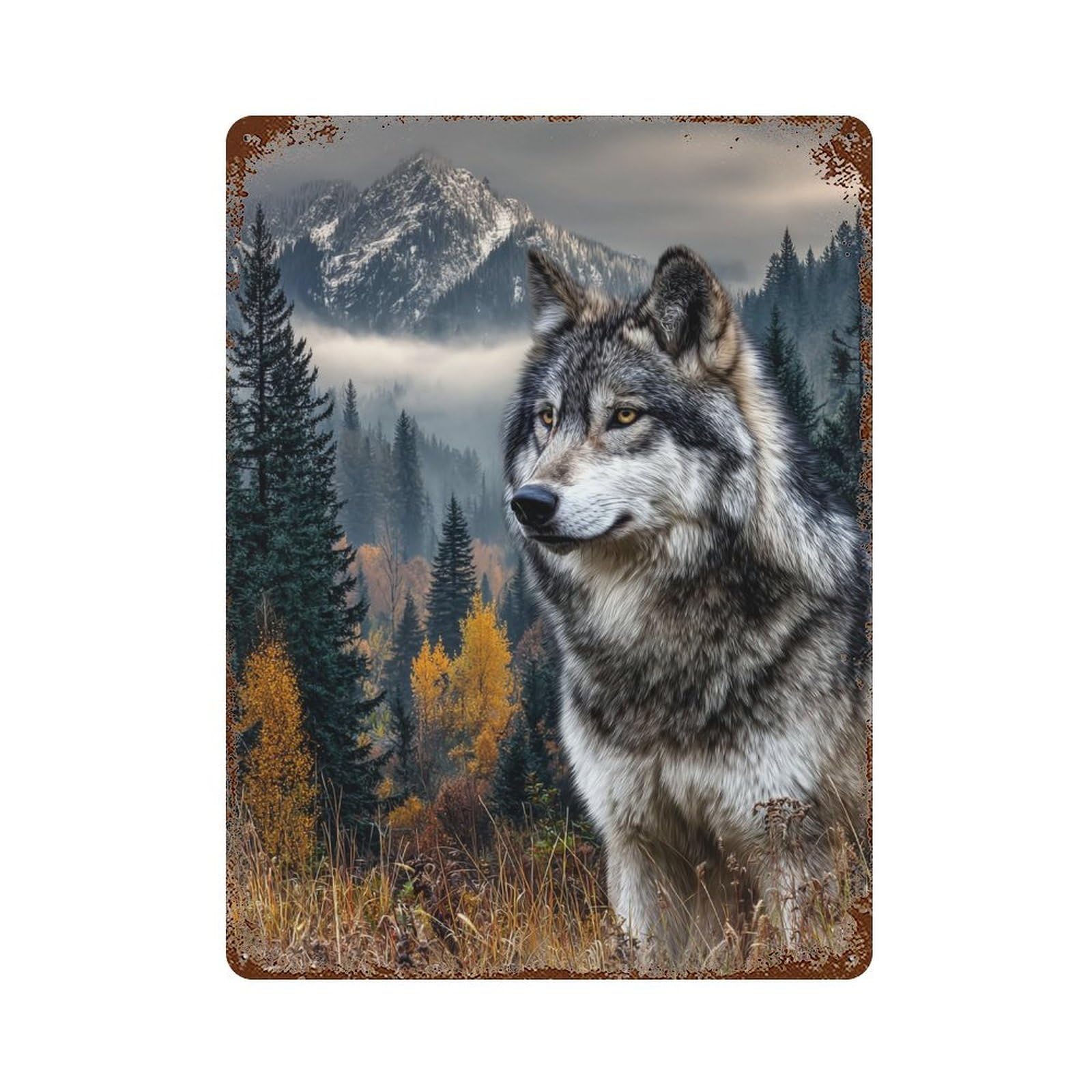 Wild Wolf in Autumn Forest Rustic Tin Plaque 15.7"x11.8", Rustic Home Decor for Office, Studio And Wall Decor