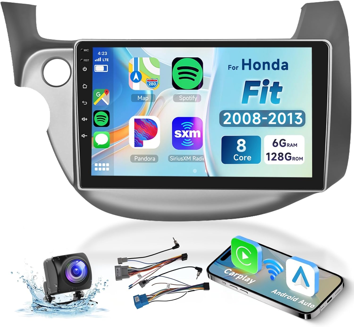 8 CORE 6G+128G Car Radio for Honda Fit 2008-2013 with Wireless CarPlay/Android Auto, Podofo 10.1” 1280 * 720P IPS Touch Screen Stereo Android 13 GPS WiFi Bluetooth DSP SWC + HD Backup Camera