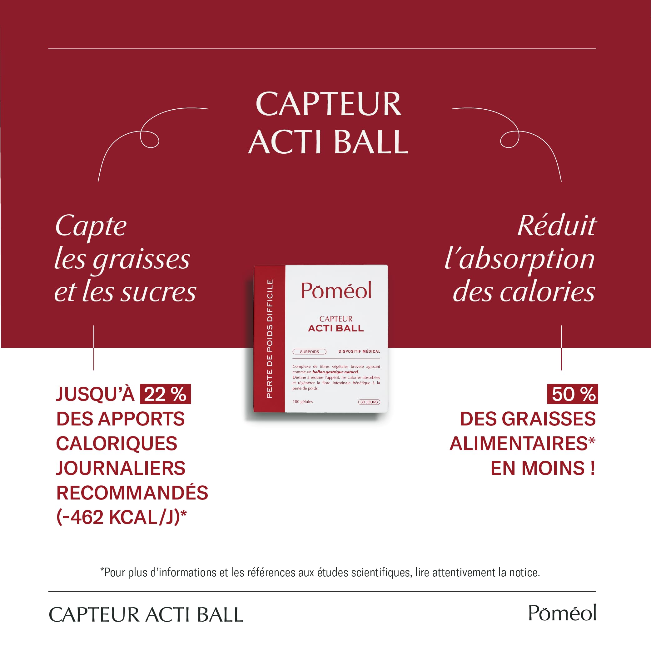 POMÉOL - Capteur Acti Ball - Dispositif Médical - Contribue à la perte de poids et favorise la prévention de l'obésité - Ballon Gastrique Végétal - Complexe Breveté - 180 gélules - Marque Française