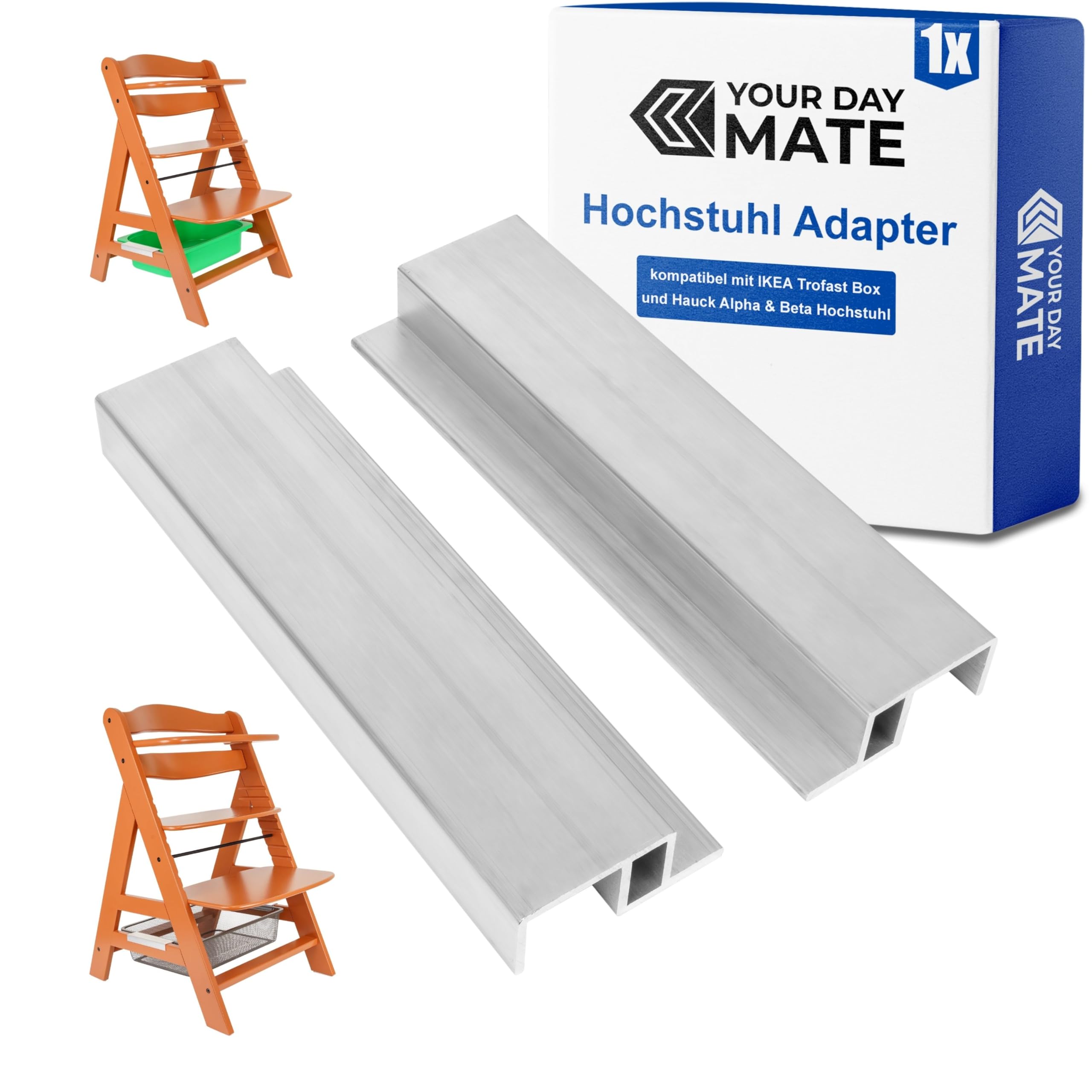 Hochstuhl Adapter, 1 Paar, kompatibel mit Hauck Alpha, Beta, IKEA Trofast, Streben Box Halter aus Aluminium, Halterung für obere wie untere Strebe, für flache und hohe Kunststoff Kisten und Drahtkörbe