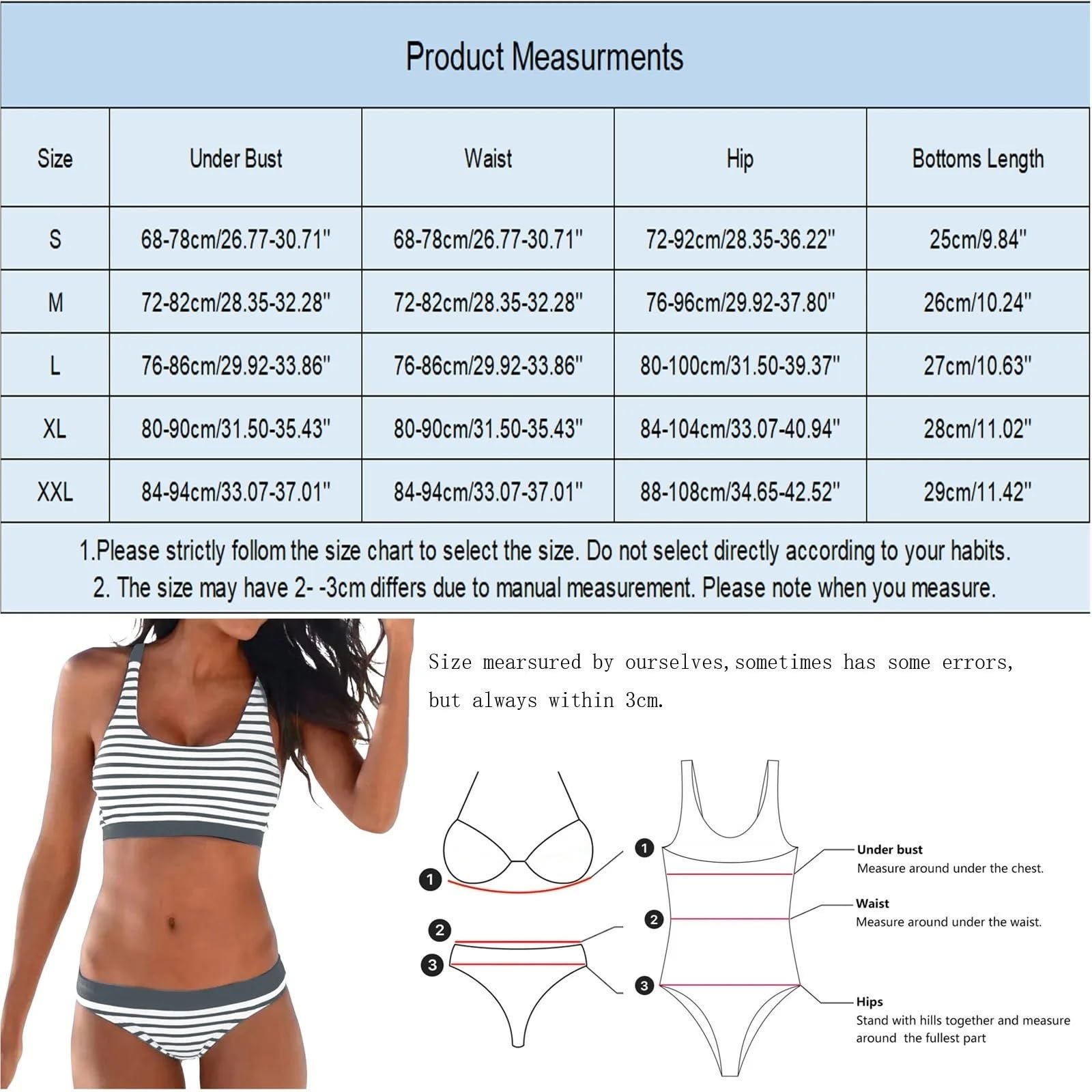 Bikini Maillots de Bain for Femmes Bikini Taille Basse à imprimé rayé for Femmes Maillots de Bain Deux pièces Sexy Push-up pour Femme(Deep Blue,XXL)
