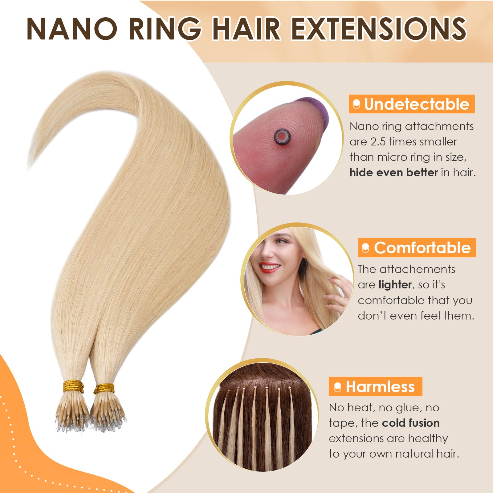 Elailite Hair Extensions Real Human Hair Nano Ring Nano Beads Cold Fusion 50 Strands 35g Straight (#613 Bleach Blonde, 22 Inch) - Image 2