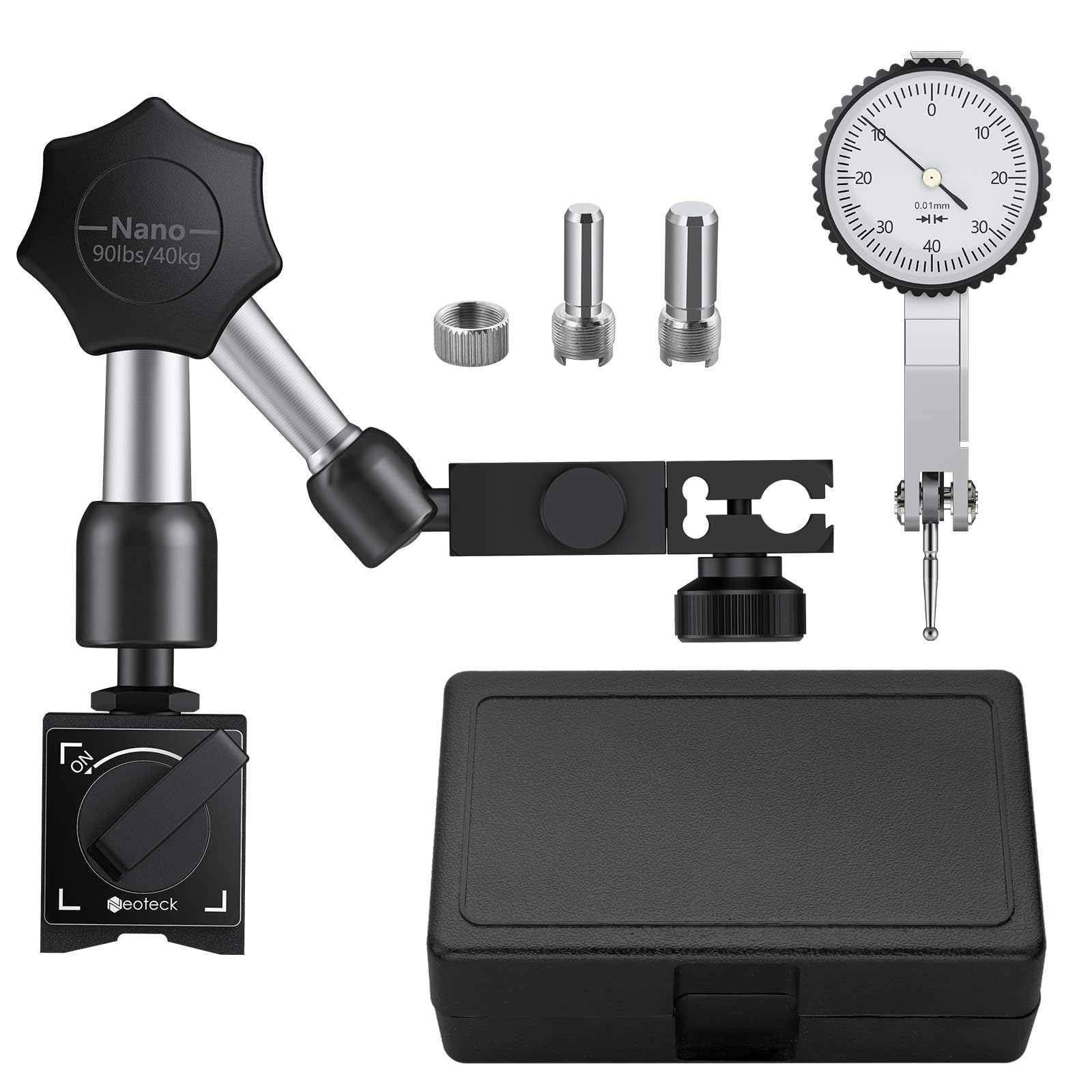 Neoteck Indicateur de Test Cadran Jauge 0-0.8mm avec Base Magnétique Comparateur à Levier avec Sonde 270° Rotation Base d'Indicateur à Cadran Magnétique Réglable pour Comparateur à Cadran