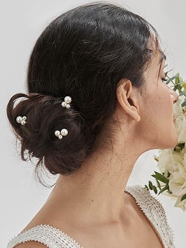 Miniatura 2 de SWEETV Horquillas para el pelo de novia, tocado de perlas para novias, damas de honor y niñas de flores, 3 pinzas para el pelo de boda y piezas
