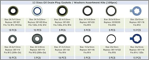 Miniatura 2 de Dsnaduo Kit surtido de 100 piezas de 12 tipos de tapones de drenaje de aceite maestro de goma de metal para reemplazar 097-021, 097-025, 097-035,
