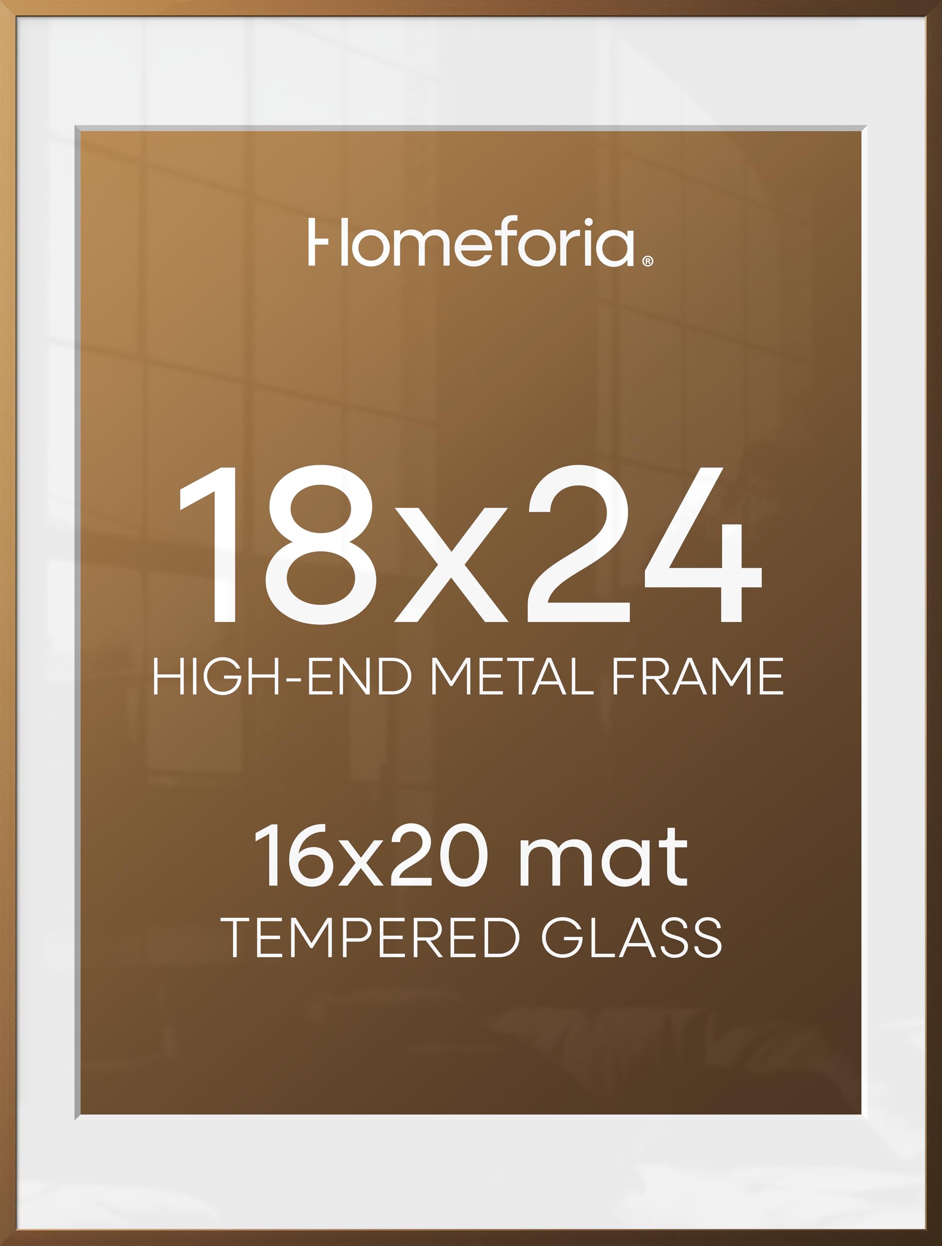Homeforia Picture 18x24 Bronze Frame, High End Metal 18x24 Brass Poster Frames with Mat 16x20 for Photo, 18 x 24 Frame Matted to 16 x 20 Print, 24x18 Hanging Frames, Tempered Glass, Wall Kit, Set of 2