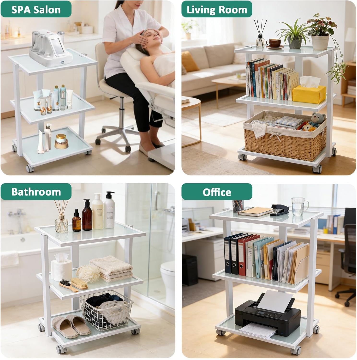 3-Tier Rolling Beauty Spa Trolley Cart with Glass Top, Esthetician Facial Cart with Wheels, Mobile Storage Organizer Utility Cart for Salon Beauty Spa Massage Home Esthetic Tools Holder