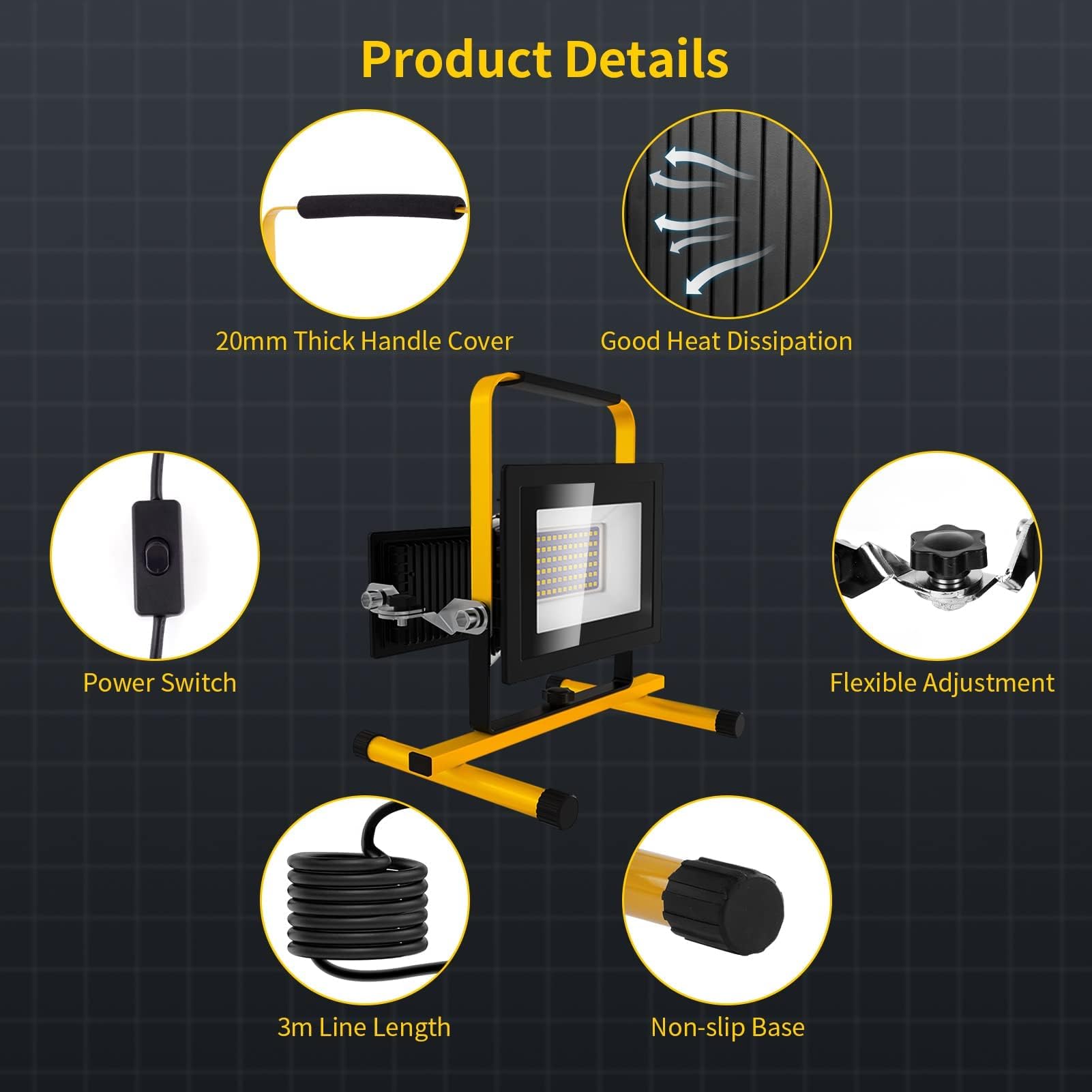 Viugreum Baustrahler 100W 8000lumen 6500K Einstellbare Richtung LED Baustrahler 230V Kaltweiss Scheinwerfer IP65 Wasserdicht Arbeitsscheinwerfer Bauscheinwerfer mit Stecker 3m Stativ für Baustellen