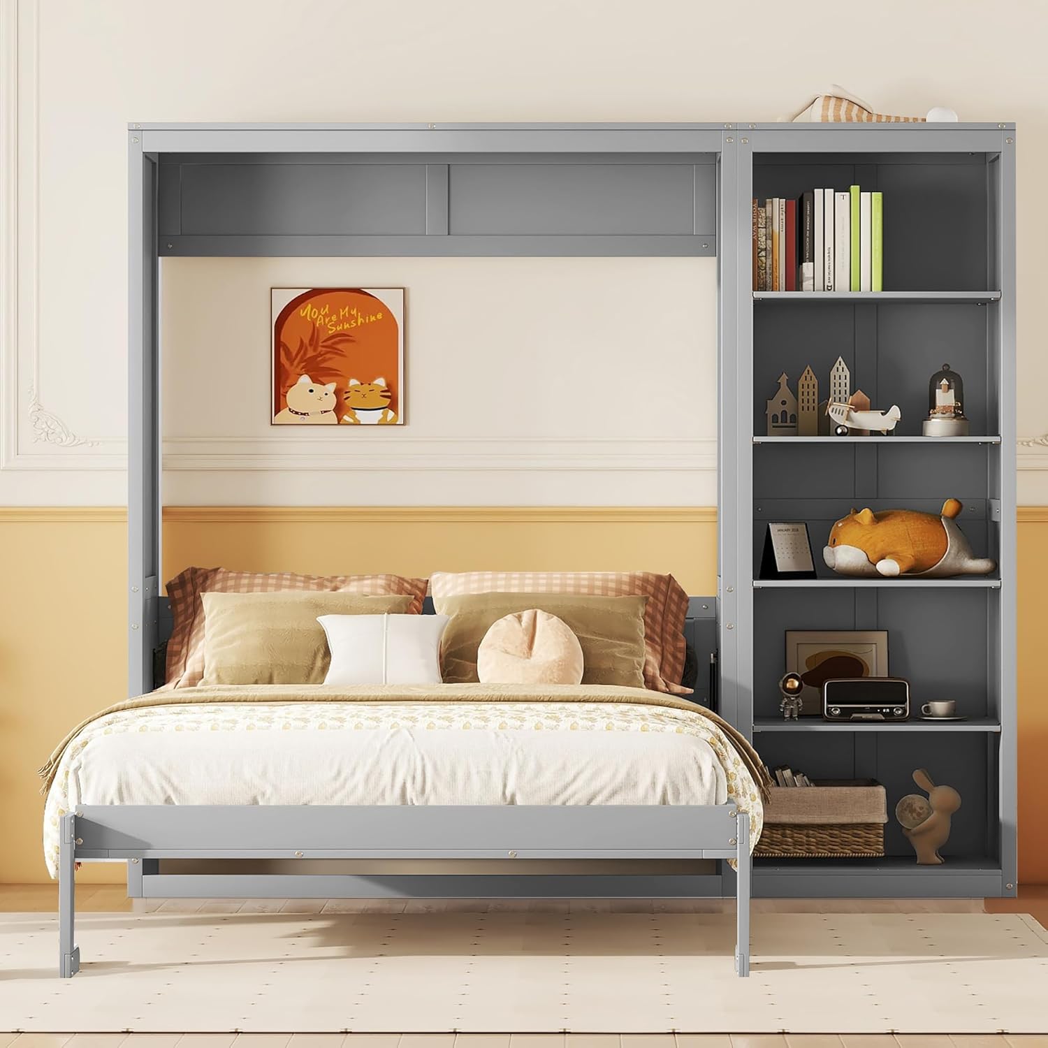 Merax Murphy bed fully open with a mattress and bedding, integrated with shelves.