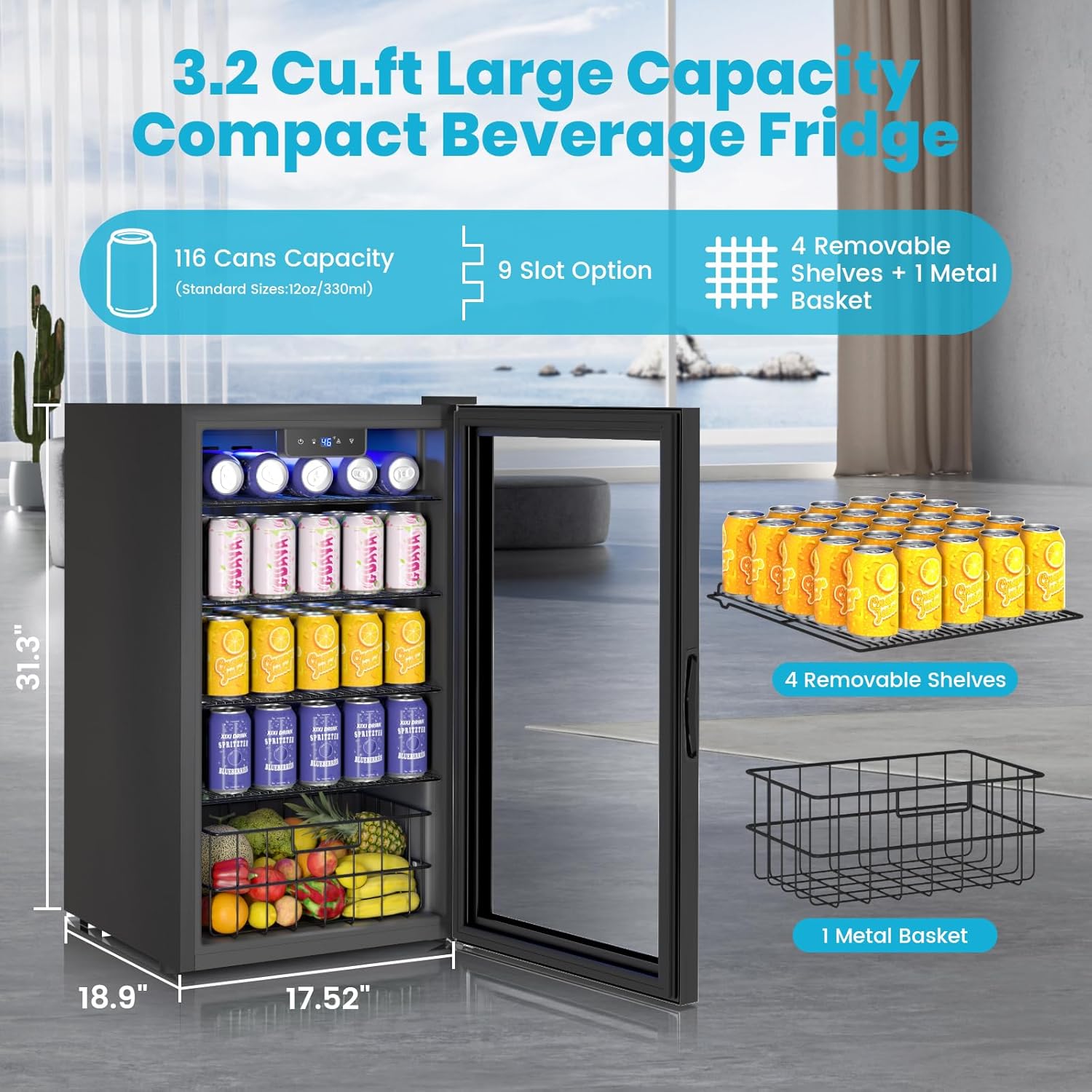 17 Black Inch Beverage Refrigerator and Cooler, 116 Cans Mini Beverage Fridge with Reversible Glass Door for Soda Beer or Wine, Freestanding Drink Cooler for Apartment Office Home Bar