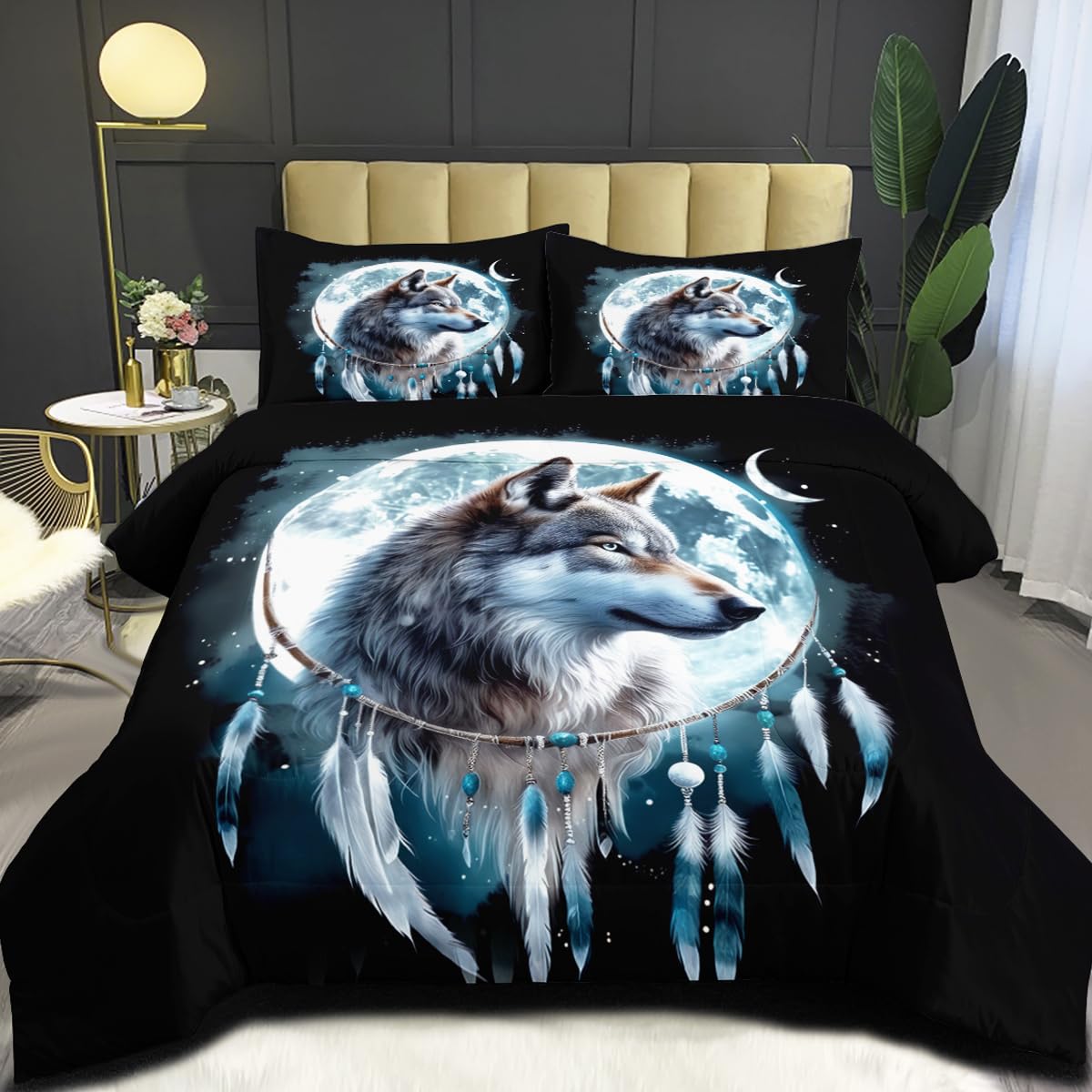 CCoutueChen Wolf Comforter Set King Size, Wolves Moon Bedding Set, Dream Catcher & Animal Pattern on Black Bedding, Western Boho Tribal Comforter Soft