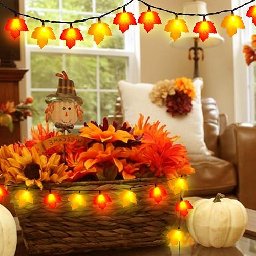 Miniatura 5 de Abeja Luces de hoja de arce de otoño, tira de luces LED de 8.5 pies con 10 hojas 3D naranja amarilla, luces de otoño para interiores y exteriores,
