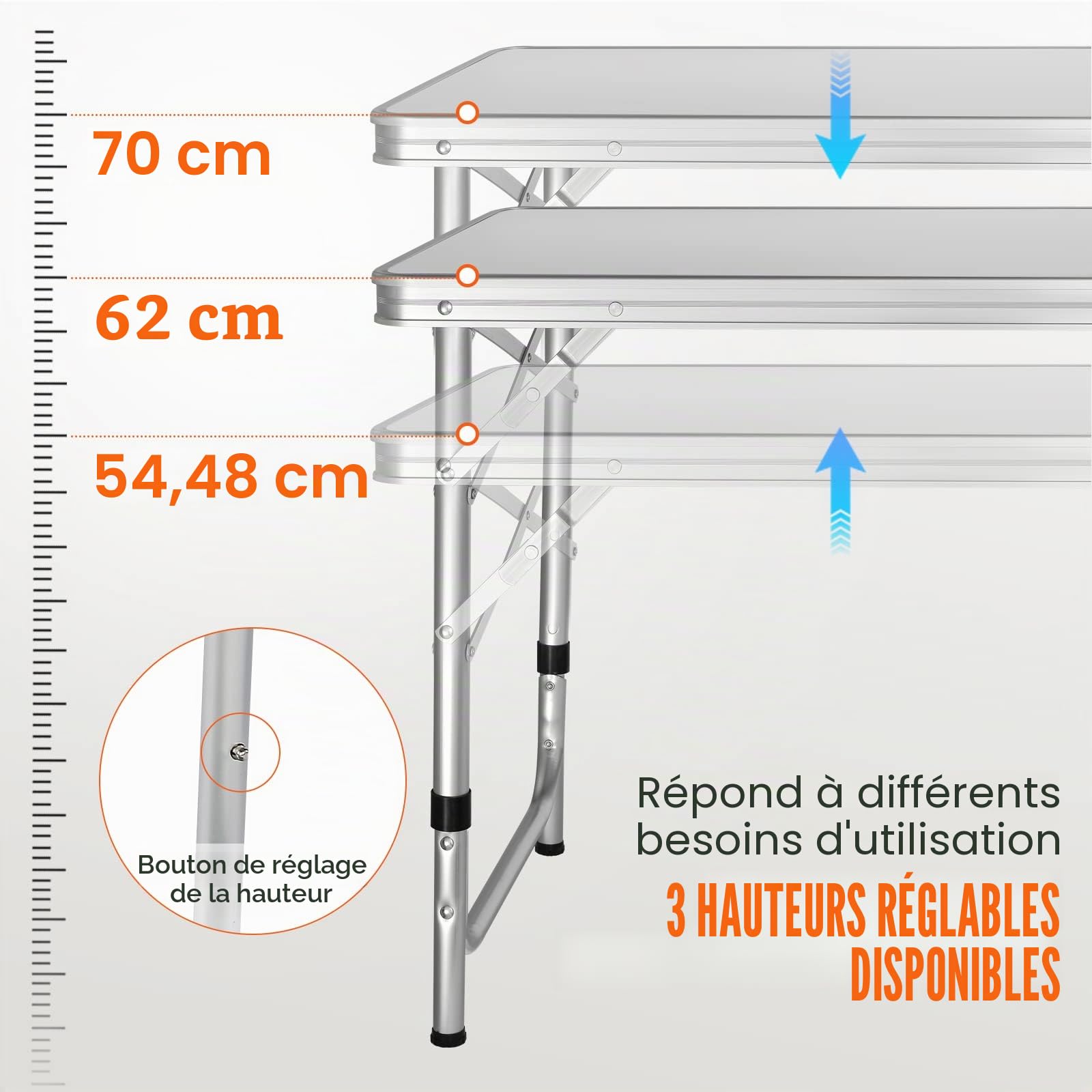 VEVOR Cuisine de Camping 120x47x70 cm Armoire de Camping Pliable Structure en Alu Grand Comptoir Meuble de Cuisine Hauteur Réglable 2 Compartiments avec Poignée de Transport BBQ Pique-Nique Jardin