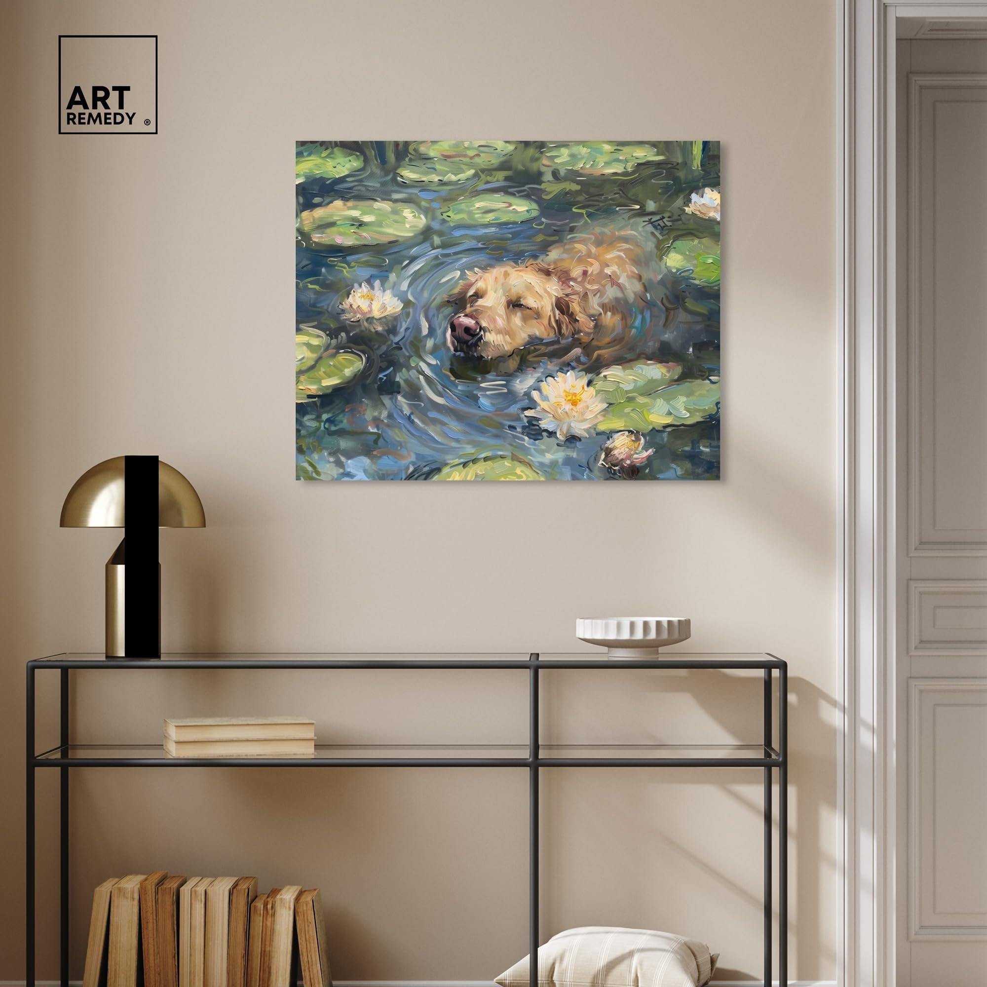Art Remedy Monet Lilie wodne pies rustykalny elegancki dom wiejski płótno sztuka ścienna, galeria owinięta, 76 cm x 61 cm