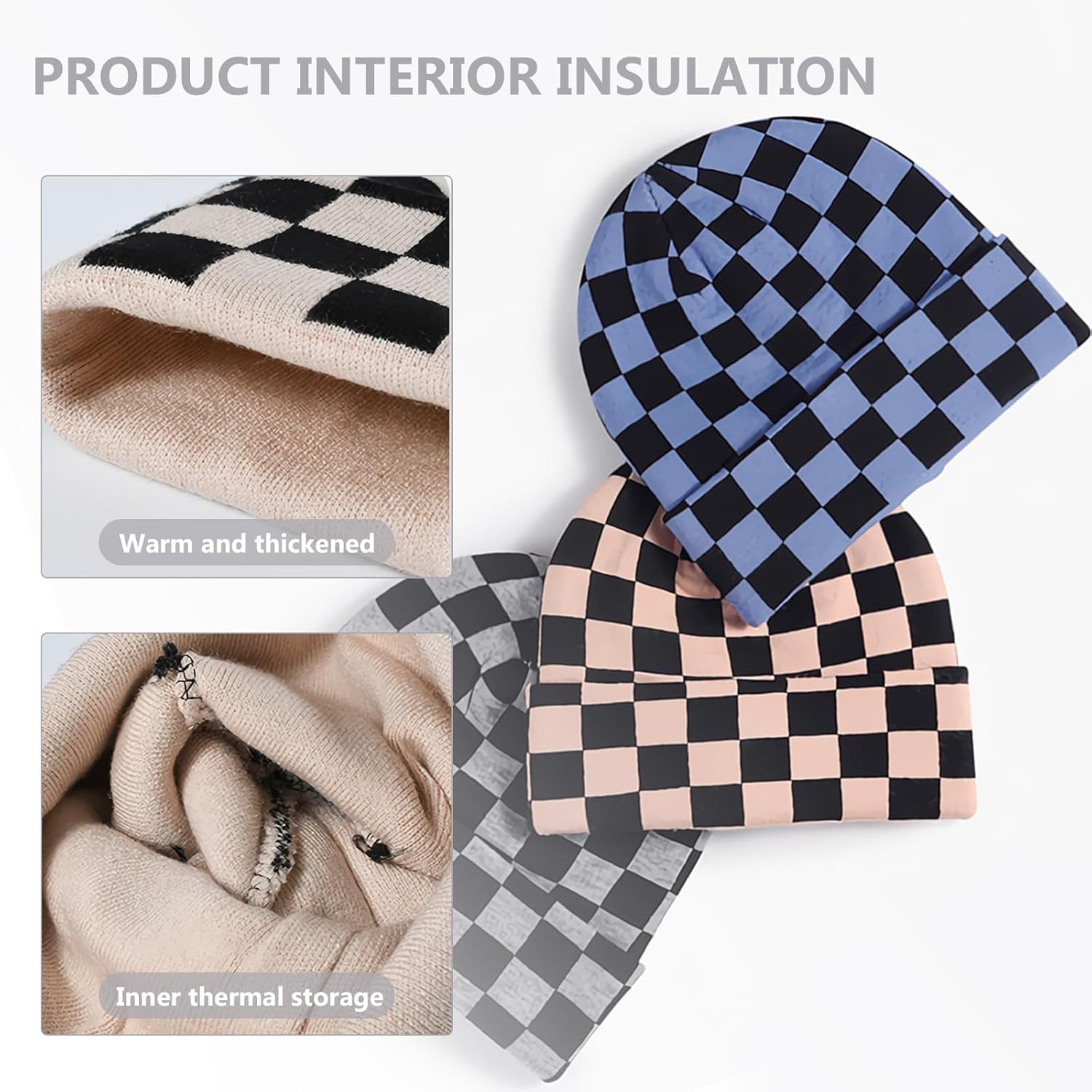 Knitted Beanie - Men Women Checkerboard Pattern Cuffed Slouchy Stretchy Warm Winter Hat Baggy Skull Cap - Image 5