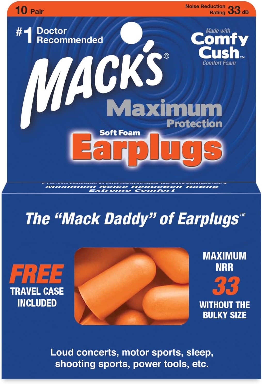 Mack’s Maximum Protection Soft Foam Earplugs 10 Pair, 33 dB Highest