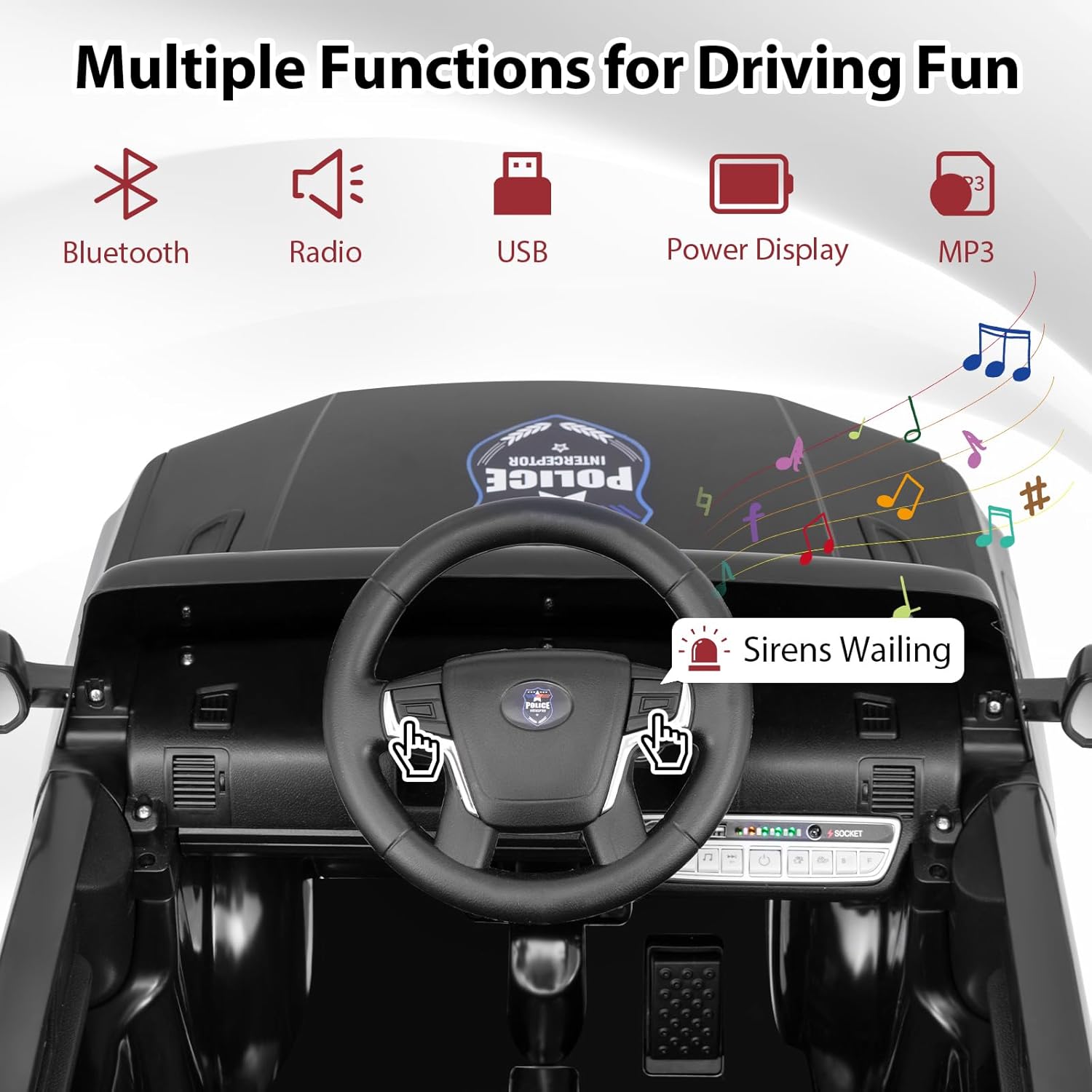 OLAKIDS Ride on Police Car, 12V Kids Battery Powered Electric Vehicle with Siren, Flashing Lights, Bluetooth, Music, MP3, USB, Power Display, Spring Suspension, Aged 3-8 Years (Black)