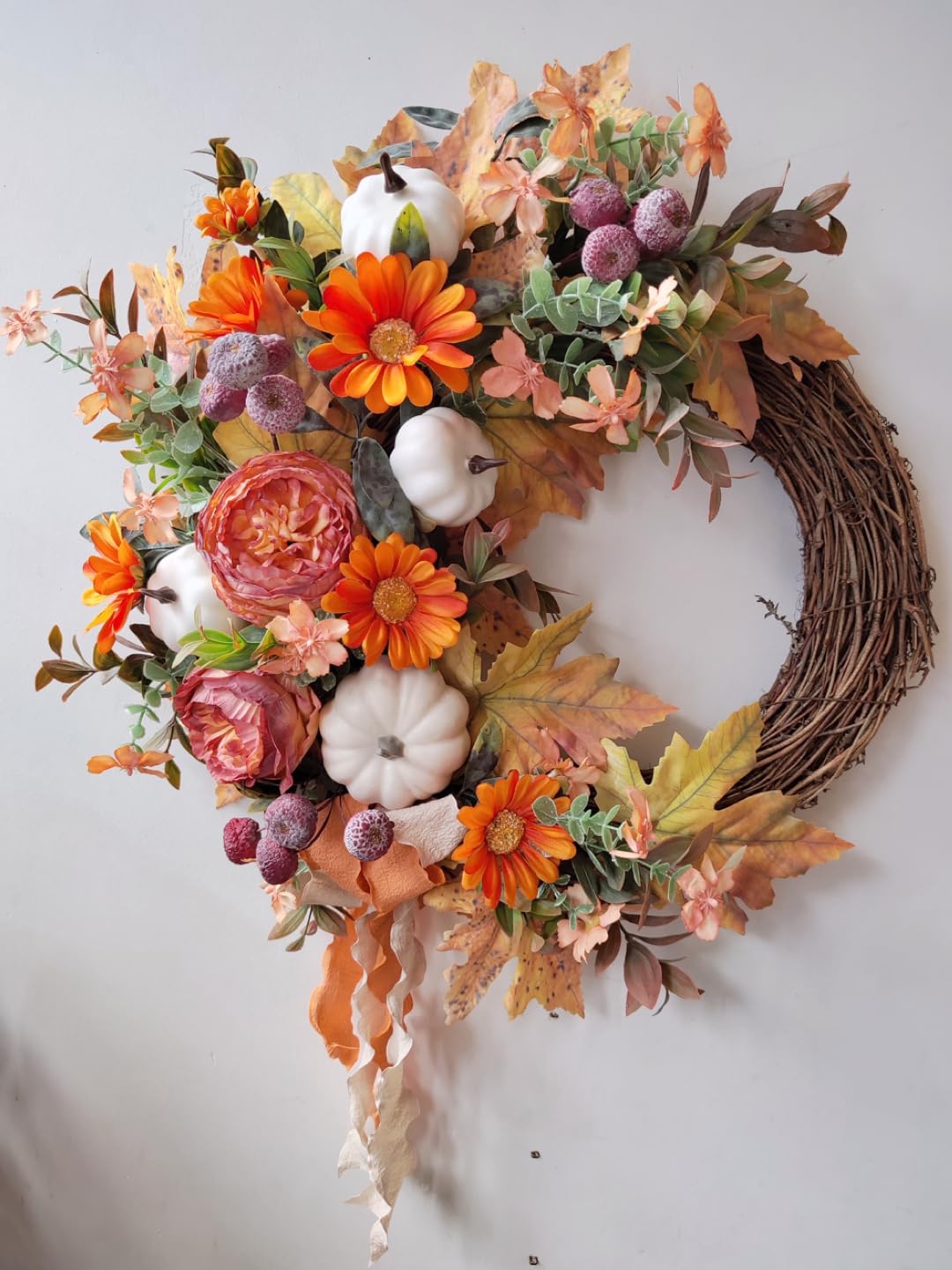 WANNA-CUL 20 Inch Fall Wreath for Front Door with White Pumpkins,Orange Roses and Sunflowers -Fall Decoration for Home-Fall Decor Door Wreath for Autumn,Harvest, Halloween or Thanksgiving