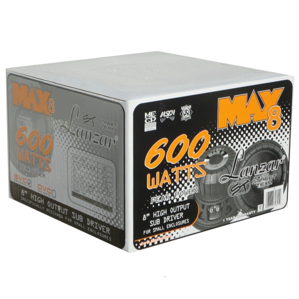 1 LANZAR MAX8 subwoofer 20 cm 200 mm 8" diamètre 300 Watts rms et 600 Watts Max Capot Panneau Coffre Auto Voiture Simple Bobine 4 ohms, 1 pièce