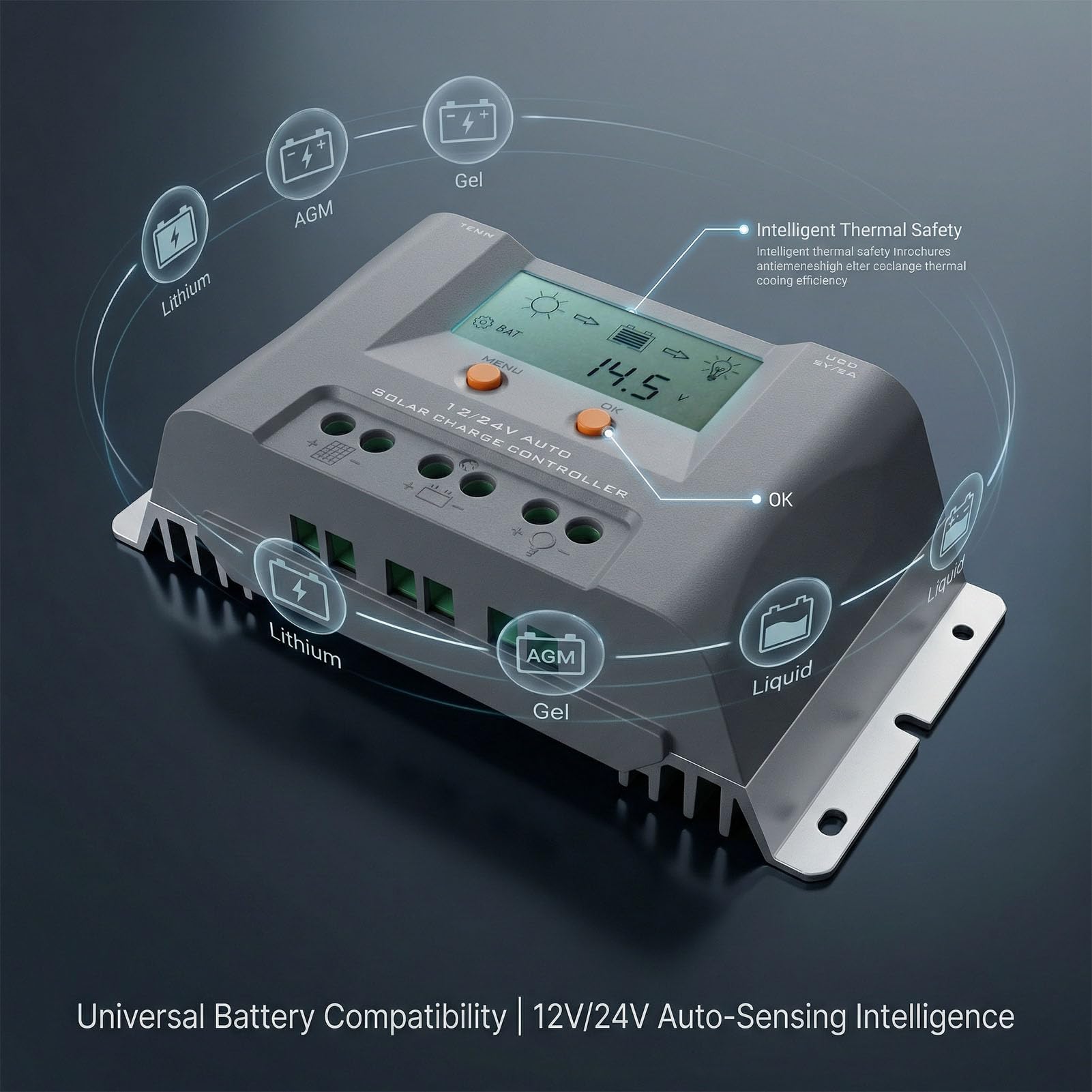 Tissting Controlador Carga Solar MPPT 40A con Pantalla LCD y USB - Controlador de Panel Solar con Reconocimiento Automático para Batería Gel AGM Litio y Aplicaciones Versátiles