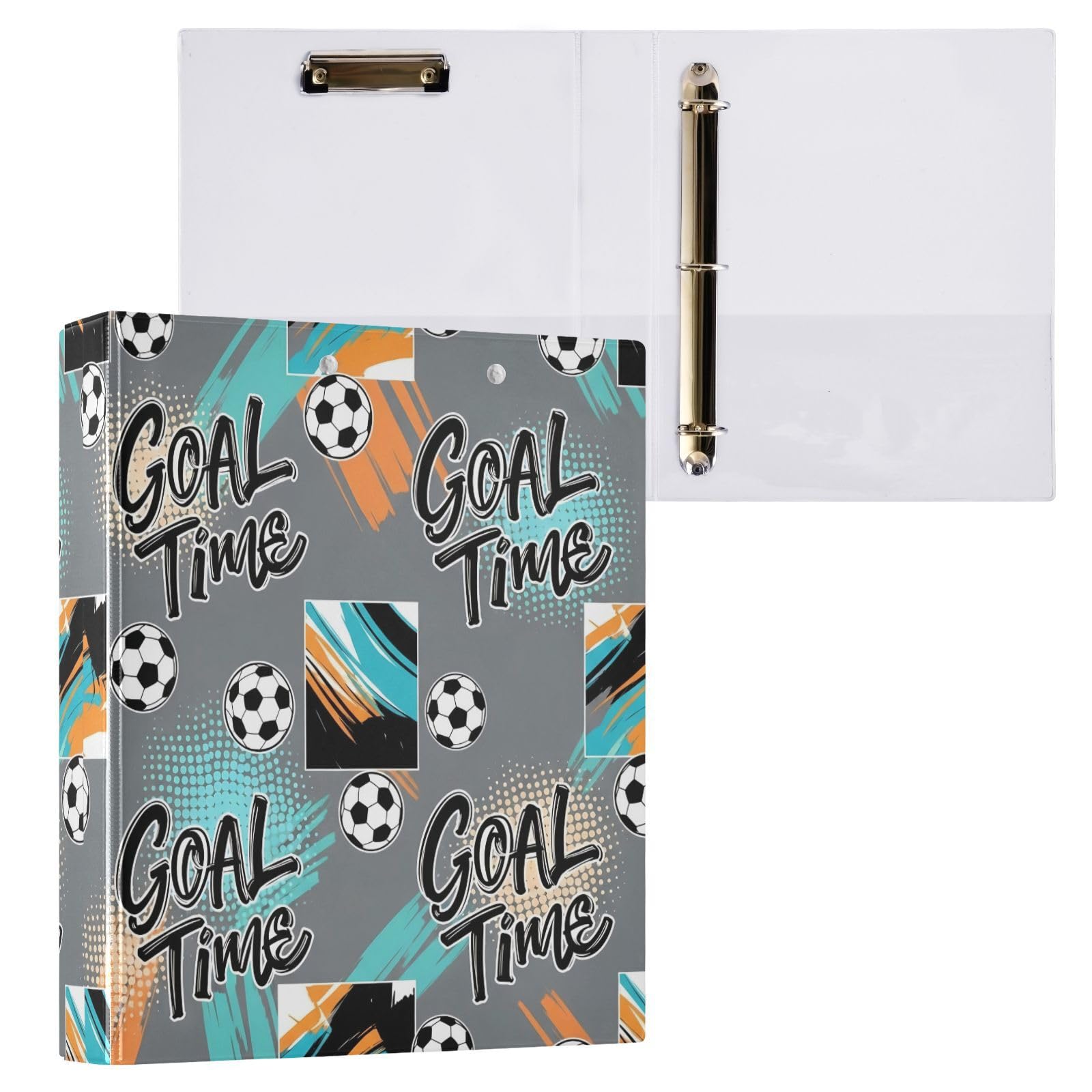 Carpetas de 3 anillos de 1.5 pulgadas para tiempo de portería de fútbol, carpeta decorativa de anillos redondos con clip de metal, organizador A4 para el hogar y la oficina, paquete de 2
