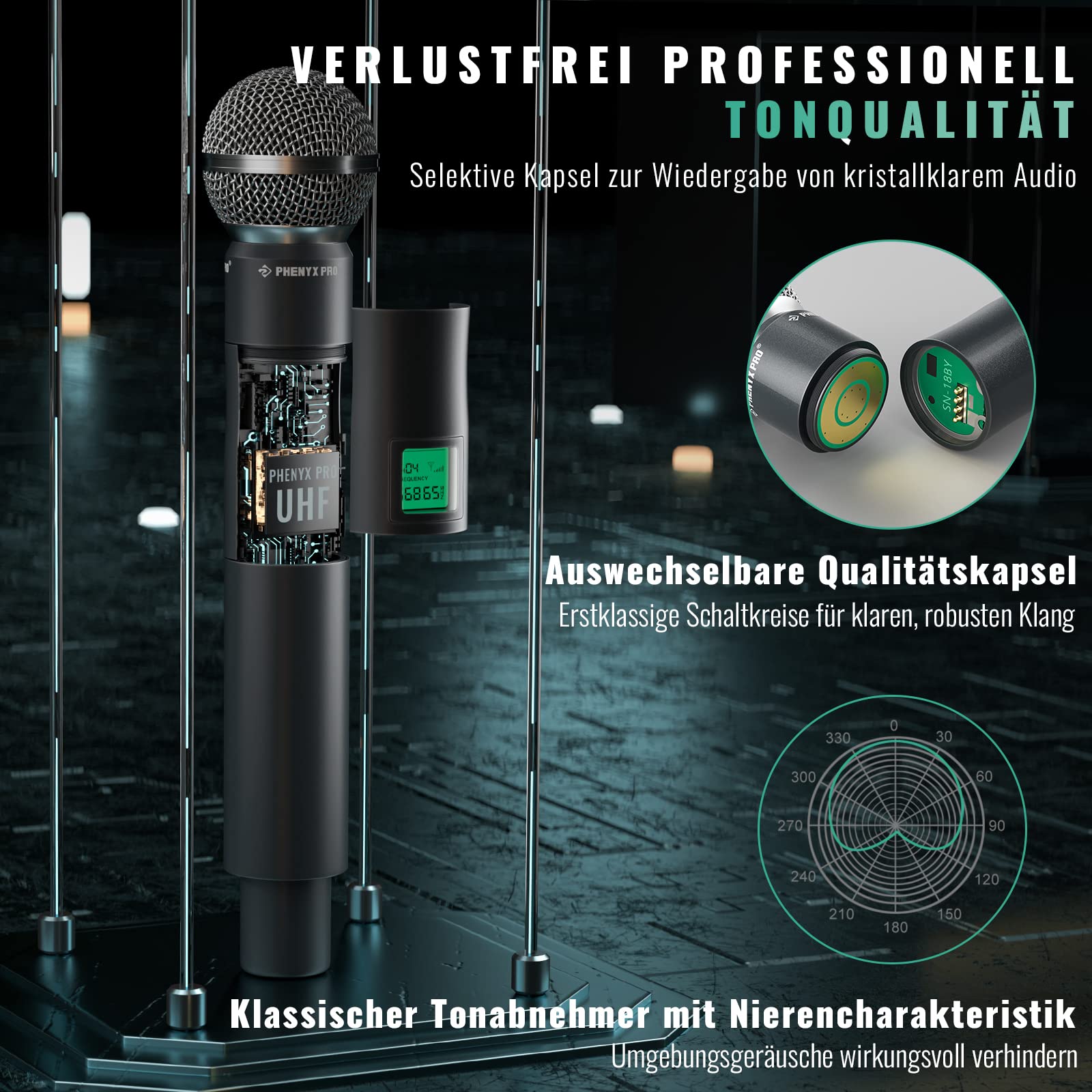 Phenyx Pro Drahtloses Mikrofonsystem, 8-Kanal UHF kabelloses Mikrofon mit Metall-Handmikrofonen, dynamisches Festfrequenz-Mikrofon für Karaoke, Kirche, Gesang, DJ, 260ft Reichweite (PTU-4000-8H)