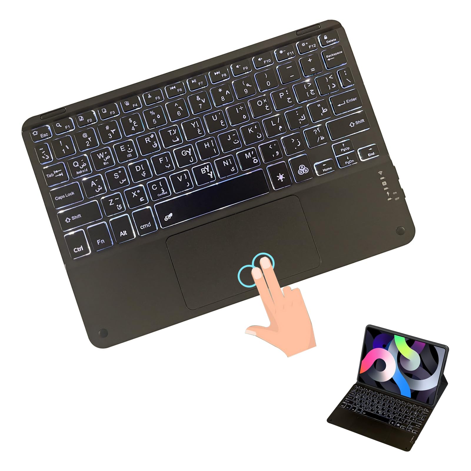 Bluetooth Keyboard with Touchpad,7 colours Backlit,Suitable for iPad,Tablet,Laptop,and more.with Arabic and English Letters, 10 inches,black
