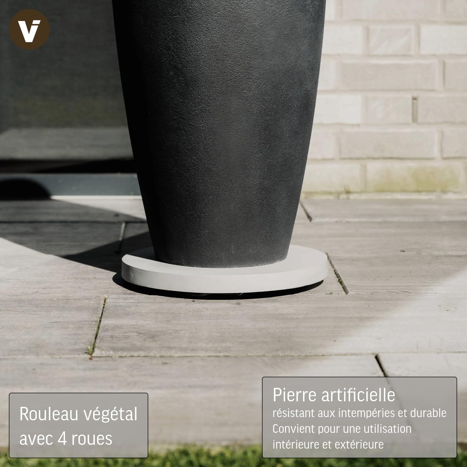 VIVANNO Dessous de Plat à roulettes Rouleau pour Plantes Rond Pierre Artificielle Gris Movo - 4 x 36 cm