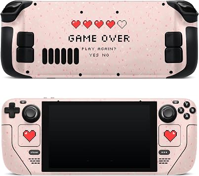 ZOOMHITSKINS Glitter Console Skin Compatible with Steam Deck, Heart Game Over Pink Red Pastel Kawaii Anime Design, Bubble-Free, 3M Vinyl Skin Decal Accessories, Made in The USA