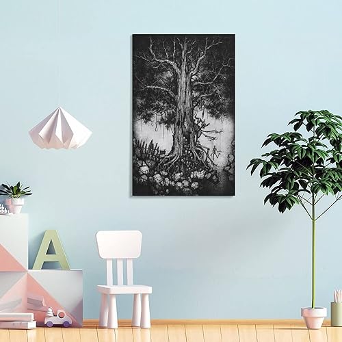 Miniatura 4 de Póster de árbol de la muerte oscuro en blanco y negro, diseño gótico de calavera aterradora, decoración de pared en lienzo, decoración del hogar,