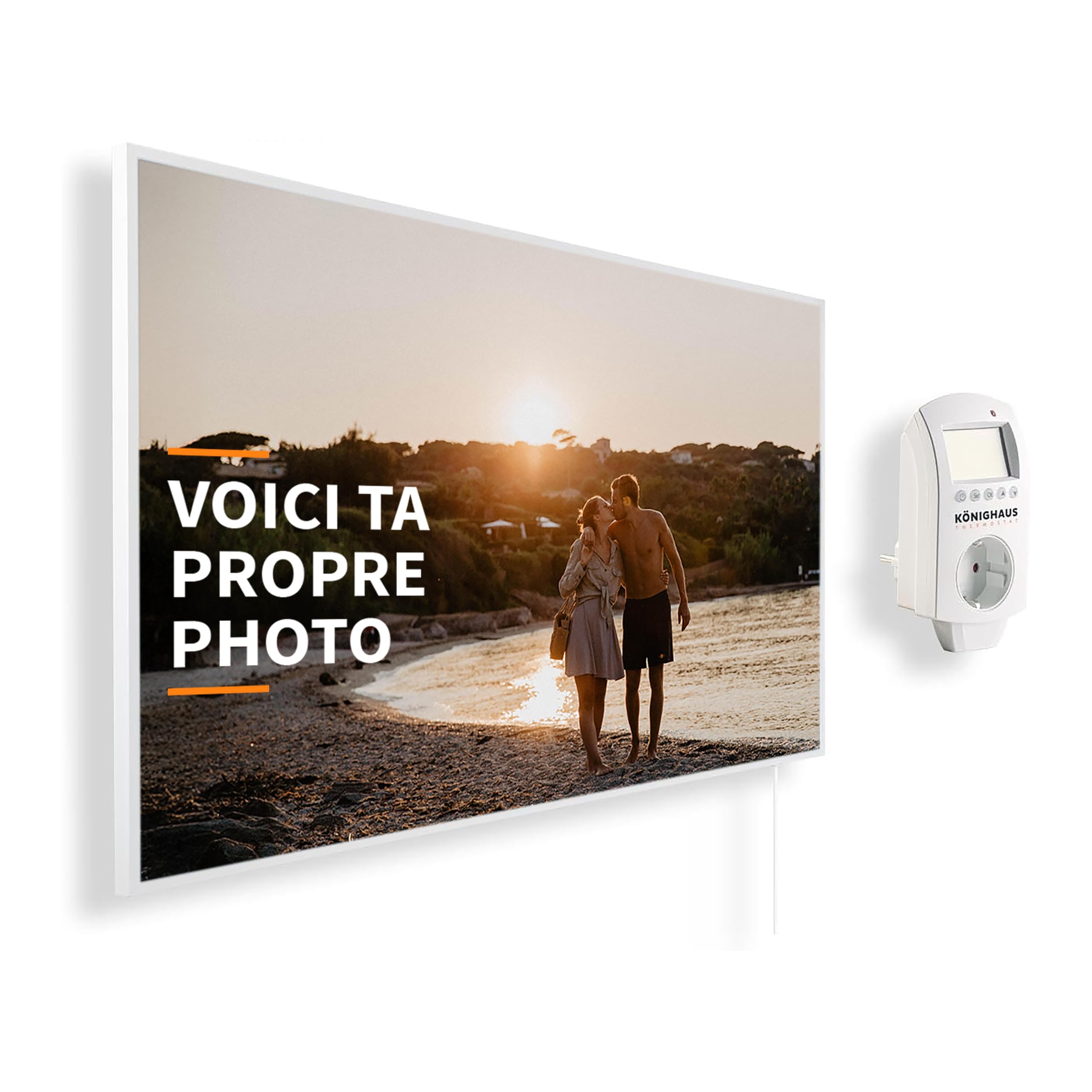 Könighaus Chauffage d’appoint infrarouge avec votre photo, TÜV SÜD & 5 ans de garantie - Made in Germany (Chargez votre motif et rendez la pièce unique) (1200W - cadre blanc) - Thermostat inclus