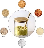 Vista 4 de Tarro de vidrio transparente de 10.1 fl oz/10 onzas con tapa de bambú y cuchara de madera, lindo recipiente de almacenamiento de sal de baño