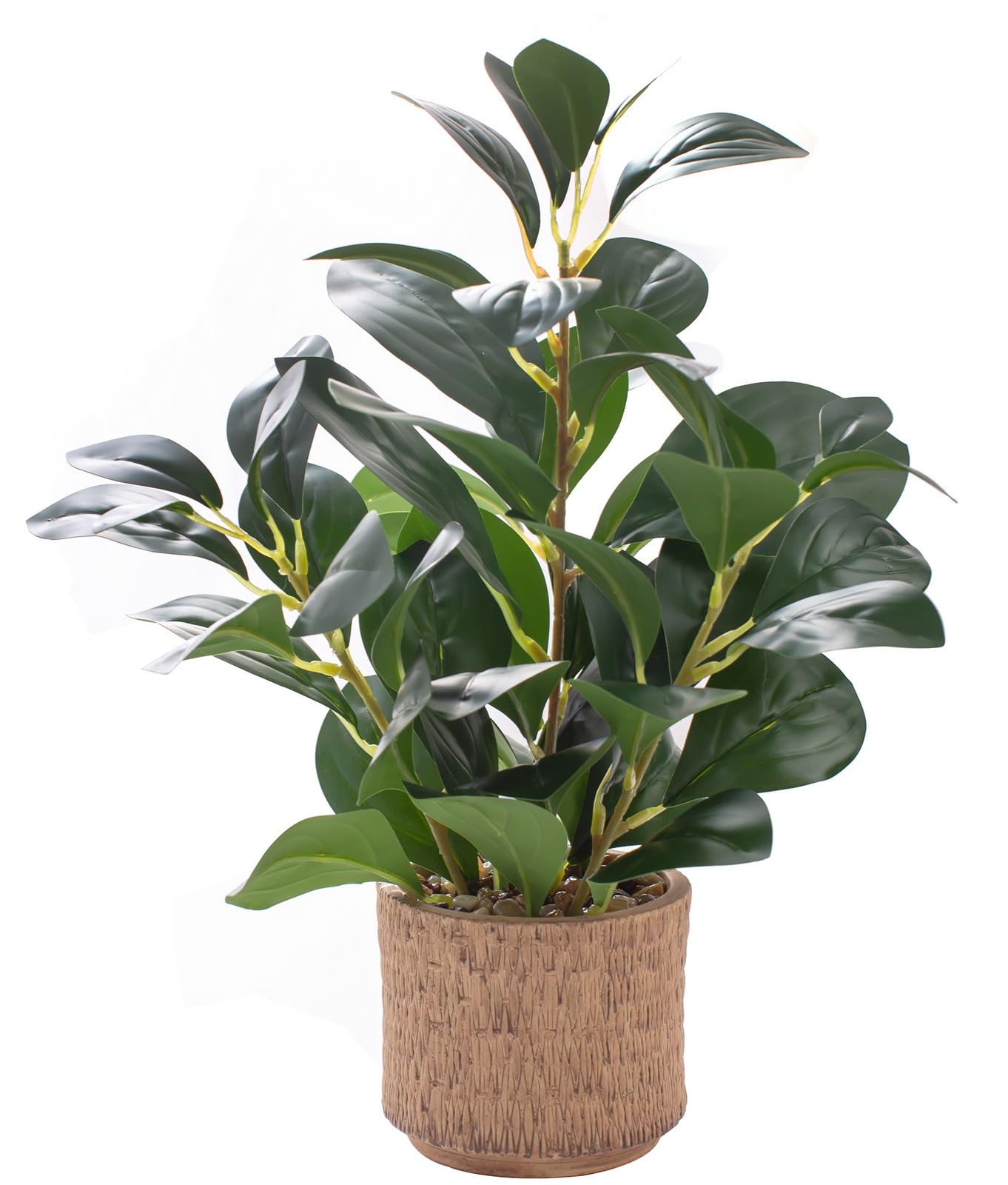 12.6" Fake Plants in Brown Ceramic Vase Real Looking and Touching Evergreen Ficus Leaf Faux Plant indoor for Book Shelf Bathroom Office Desk Kitchen