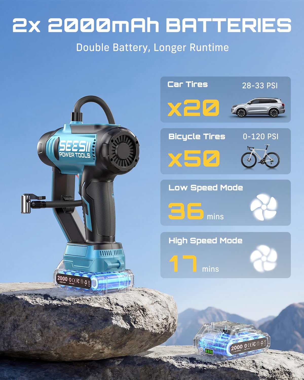 SEESII Compressore pneumatici doppia batteria 150 PSI LED