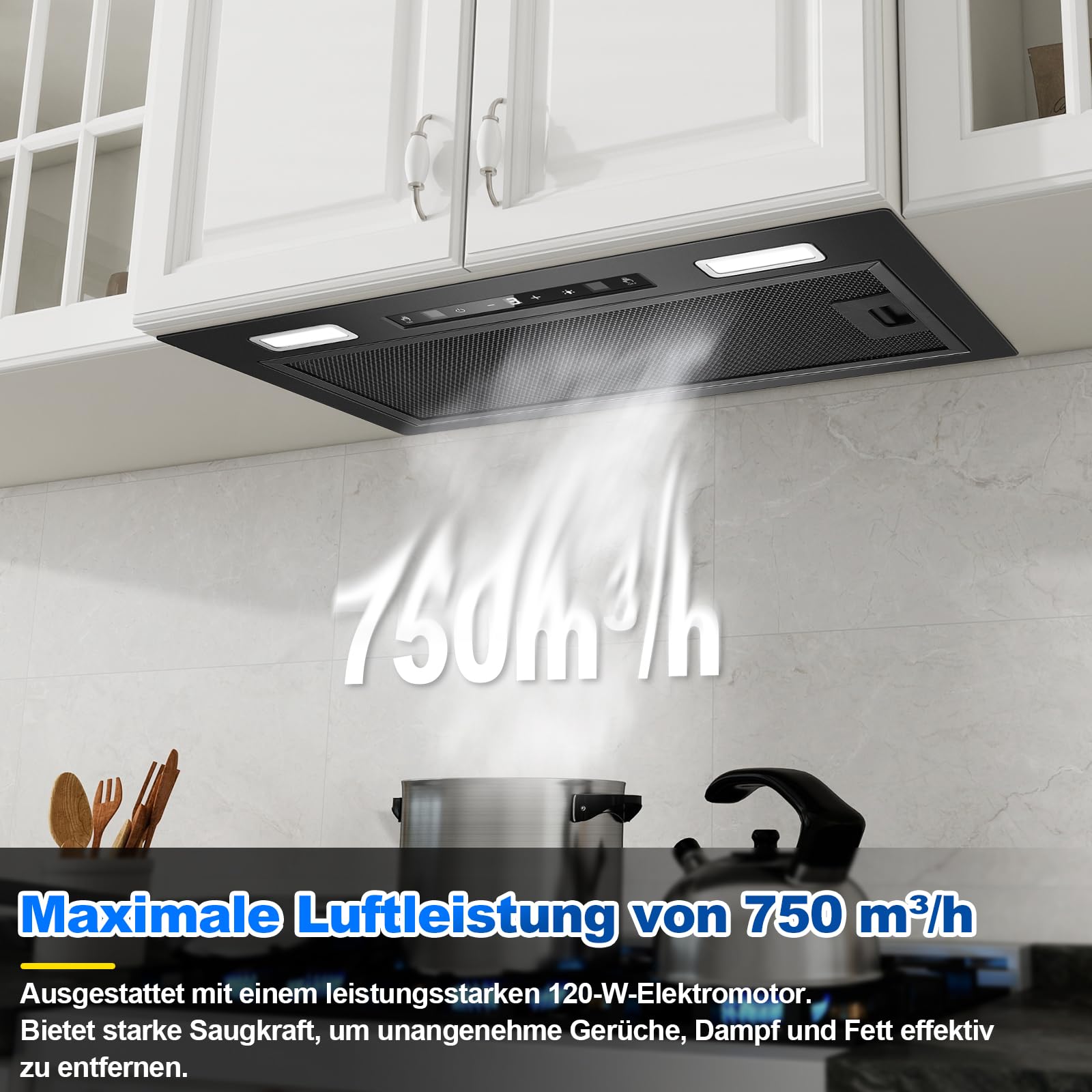 Einbau Dunstabzugshaube 52cm 750m³/h Abluft/Umluft Schwarz Gestensteuerung Touch 3 Leistungsstufen Booster Aktivkohlefilter