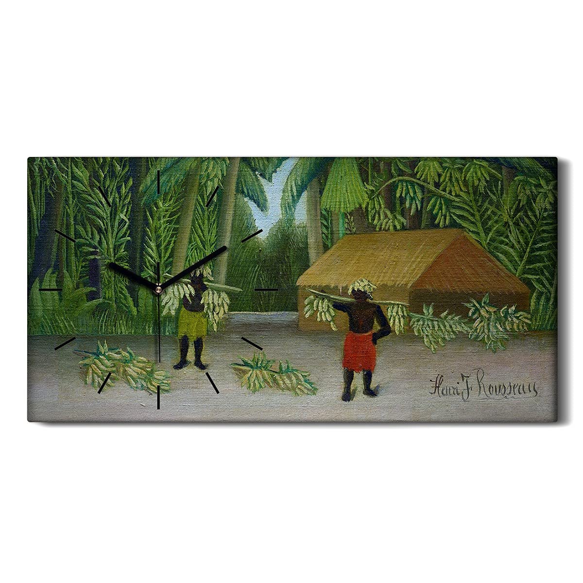 Horloge sur toile 60x30cm Jungle Hut Palms avec aiguilles noires pour décoration murale