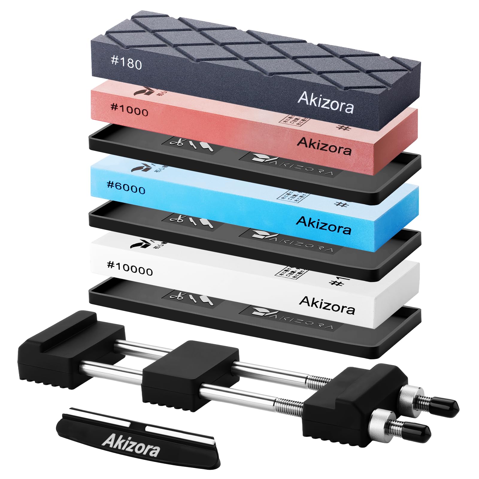 Akizora 砥石 高級包丁研ぎ石 新製法 180 1000 6000 10000 粒度正確 砥石セット 不吸水 水に浸す必要なし 210*70*20MM 大きいサイズ 荒/中/仕上砥石 面直し付き 角度固定ホルダー付き 強力滑り止めゴム付き ステンレス製万能スタンド付き 家庭用 包丁 仕上げに最適