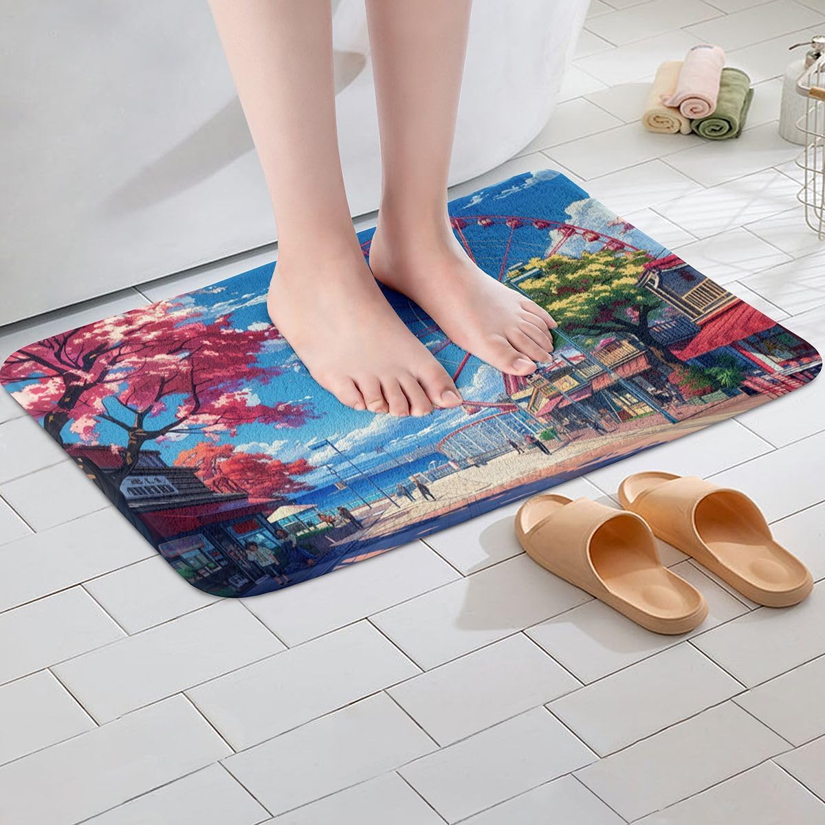 Homewish Anime Playground Bathroom Rugs,Japanese Ferris Wheel Non Slip Bath Mat Cherry Blossom Tree Bathroom Indoor Floor Mats,Blue Sky Cloud Shaggy Absorbent Bathtub Decor Rug,16"x24" image 4