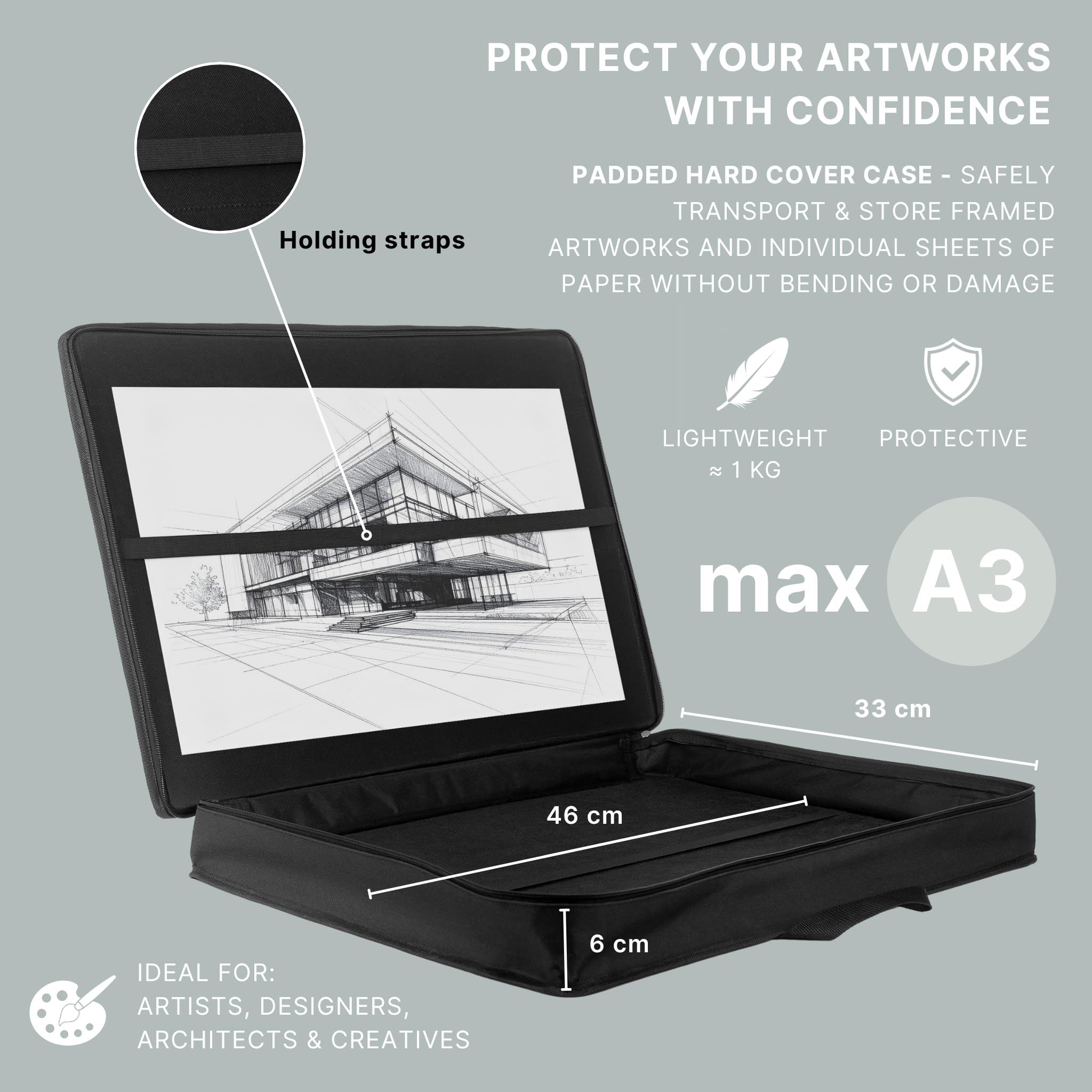 Le'arte Artcase max DIN A3 – Harte Künstlermappe, Zeichenmappe A3, Dokumententasche, 49 x 36 x 7 cm, Kunst-Transportmappe, Wasserdicht, Großformat, Hardcover (Black)