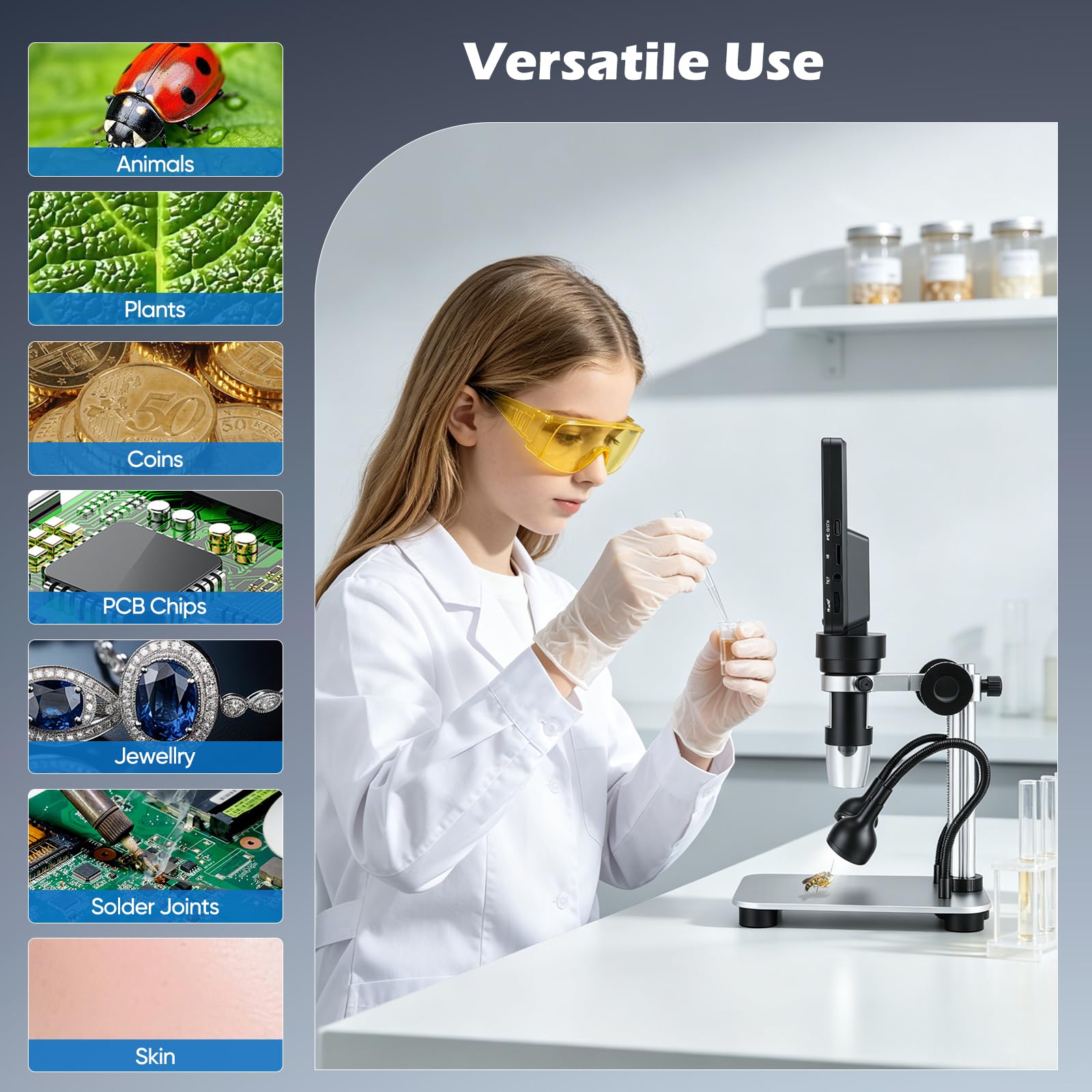 Microscopio Digitale Elettronico Portatile da 7 Pollici 1080P · USB 1200x · Adatto a Tutte le Età · Compatibile con Windows/macOS · per Monete e Kit Biologico