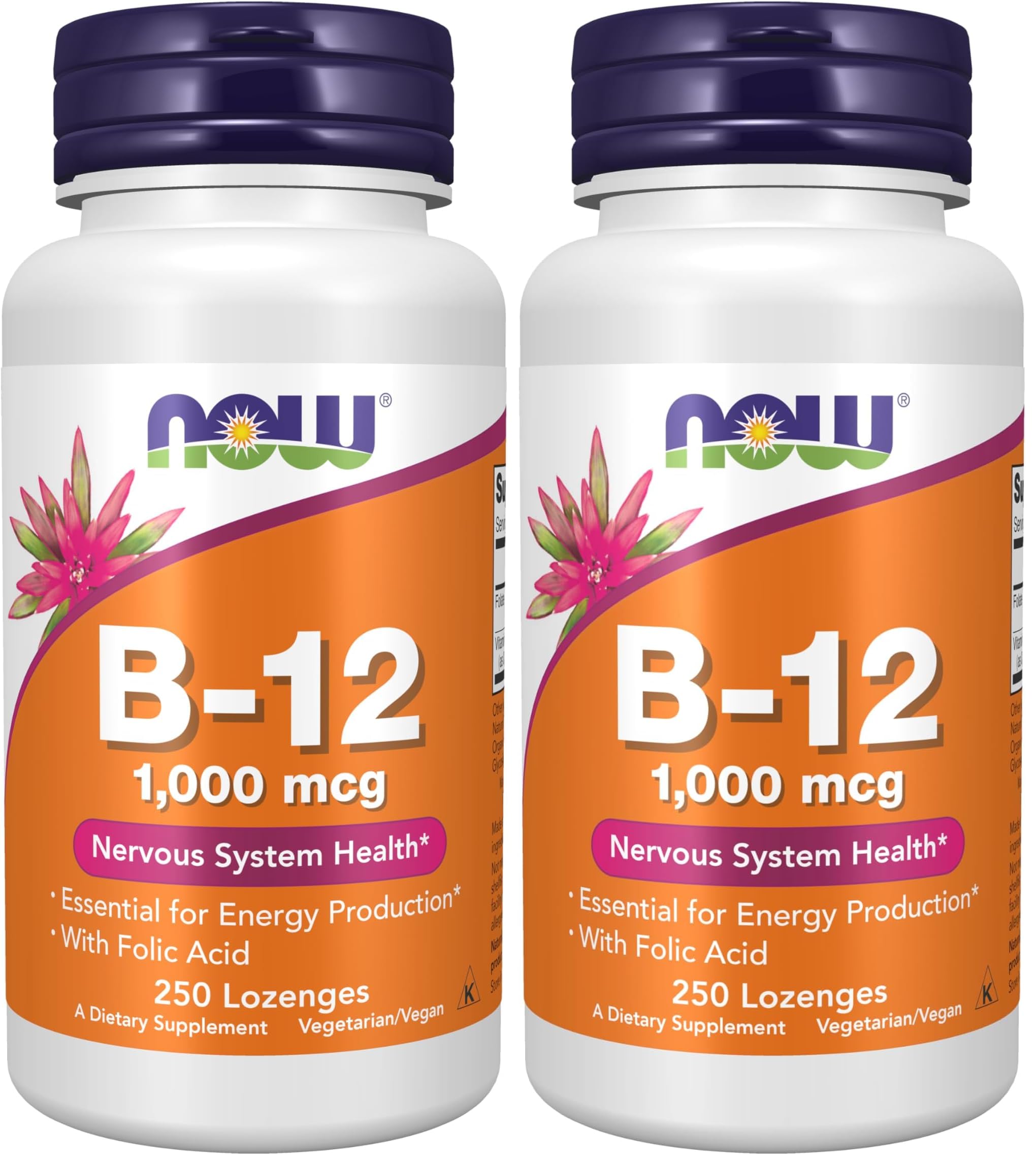 NOW Foods Supplements, Vitamin B-12 1,000 mcg with Folic Acid, Nervous System Health*, 250 Chewable Lozenges, (Pack of 2) 250 Count (Pack of 2)
