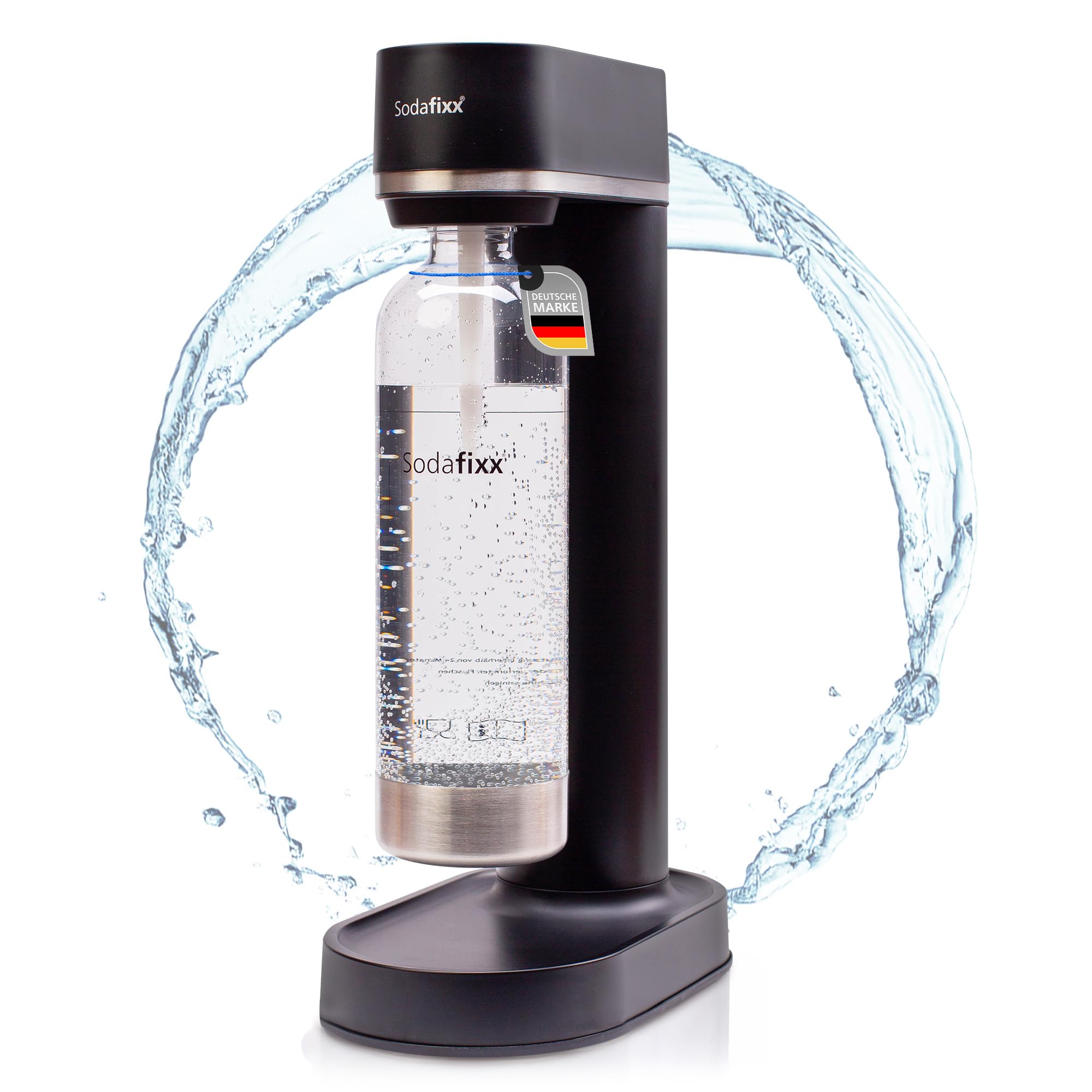 Wassersprudler Schwarz - Soda Maker + 1 PET Wasserflasche 0,85L - Sprudelwasser Maschine ohne Strom - Wasser Sprudel Gerät für 60L CO2 Zylinder - Sprudelwasser Flasche - Soda Wassersprudler