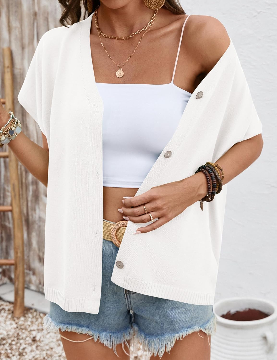 LOMON Oversided Cardigan Sweaters for Women Short Cap Sleeve V-Neck Casual Button Lightweight Knitted Trendy Sweater S-XL - Image 5