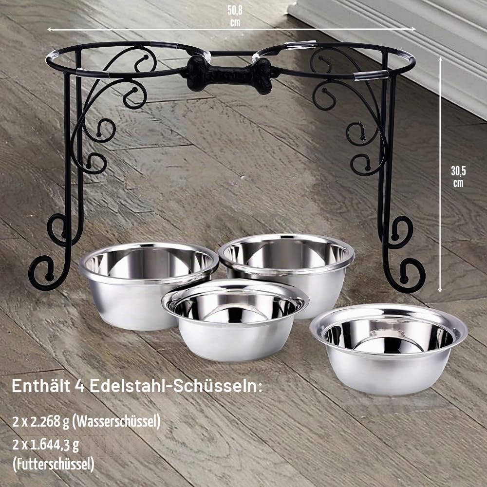 Hundenapf Erhöhte, Futterstation Hund mit 4 Edelstahlnäpfen, Erhöhte Schüssel aus Edelstahl für Mittlere & Große Hunde